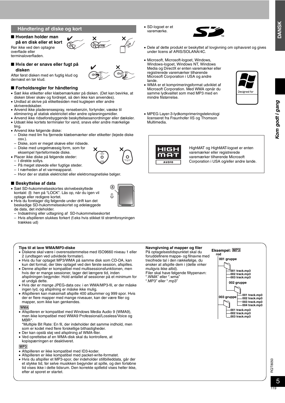 Dansk, Håndtering af diske og kort, Ko m g odt i gan g | Panasonic SCPM71SD User Manual | Page 119 / 192