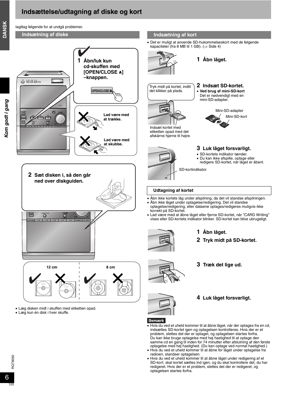 Indsættelse/udtagning af diske og kort | Panasonic SCPM71SD User Manual | Page 120 / 192