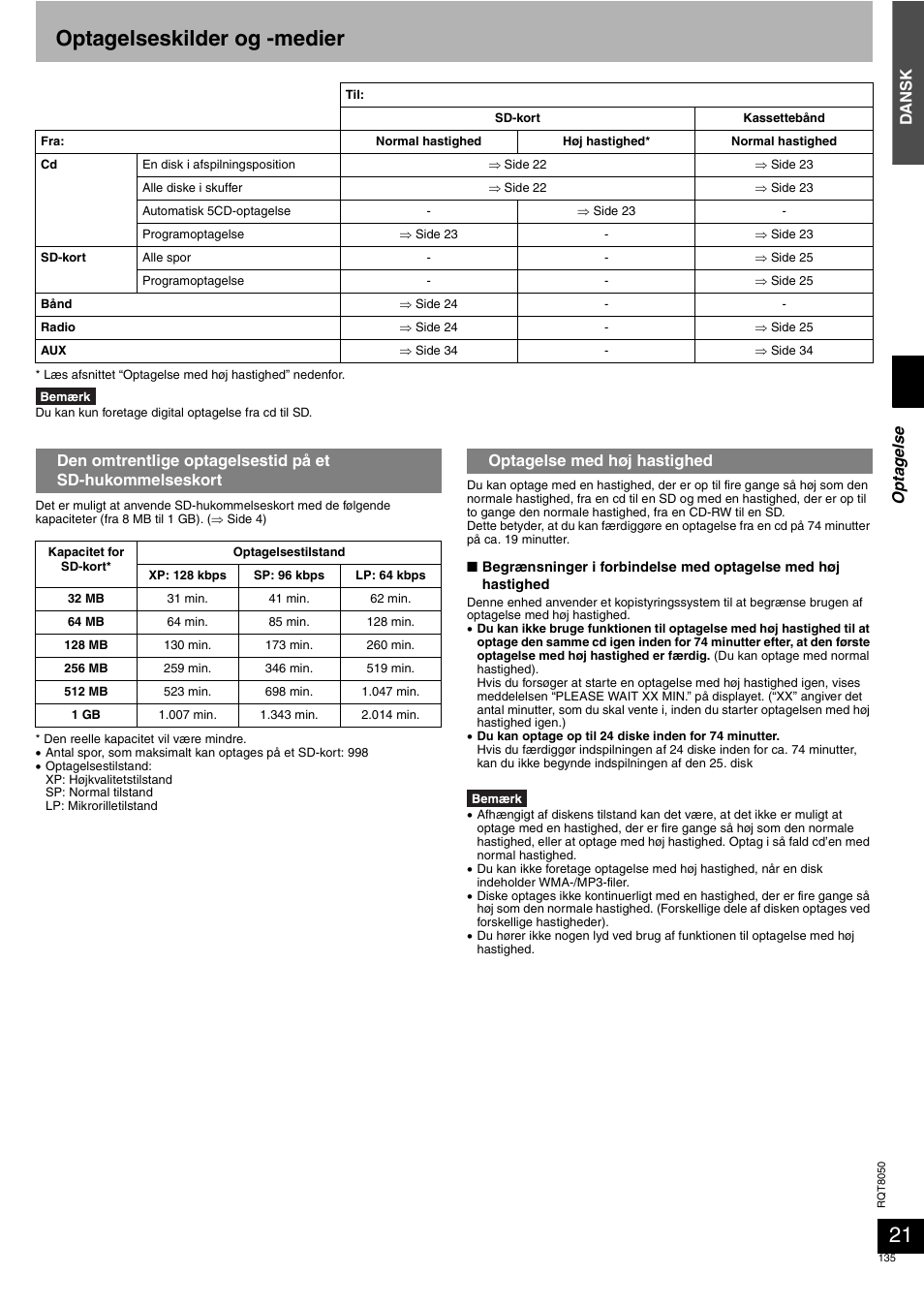 Optagelseskilder og -medier, Dansk, Optagelse med høj hastighed op ta g el se | Panasonic SCPM71SD User Manual | Page 135 / 192