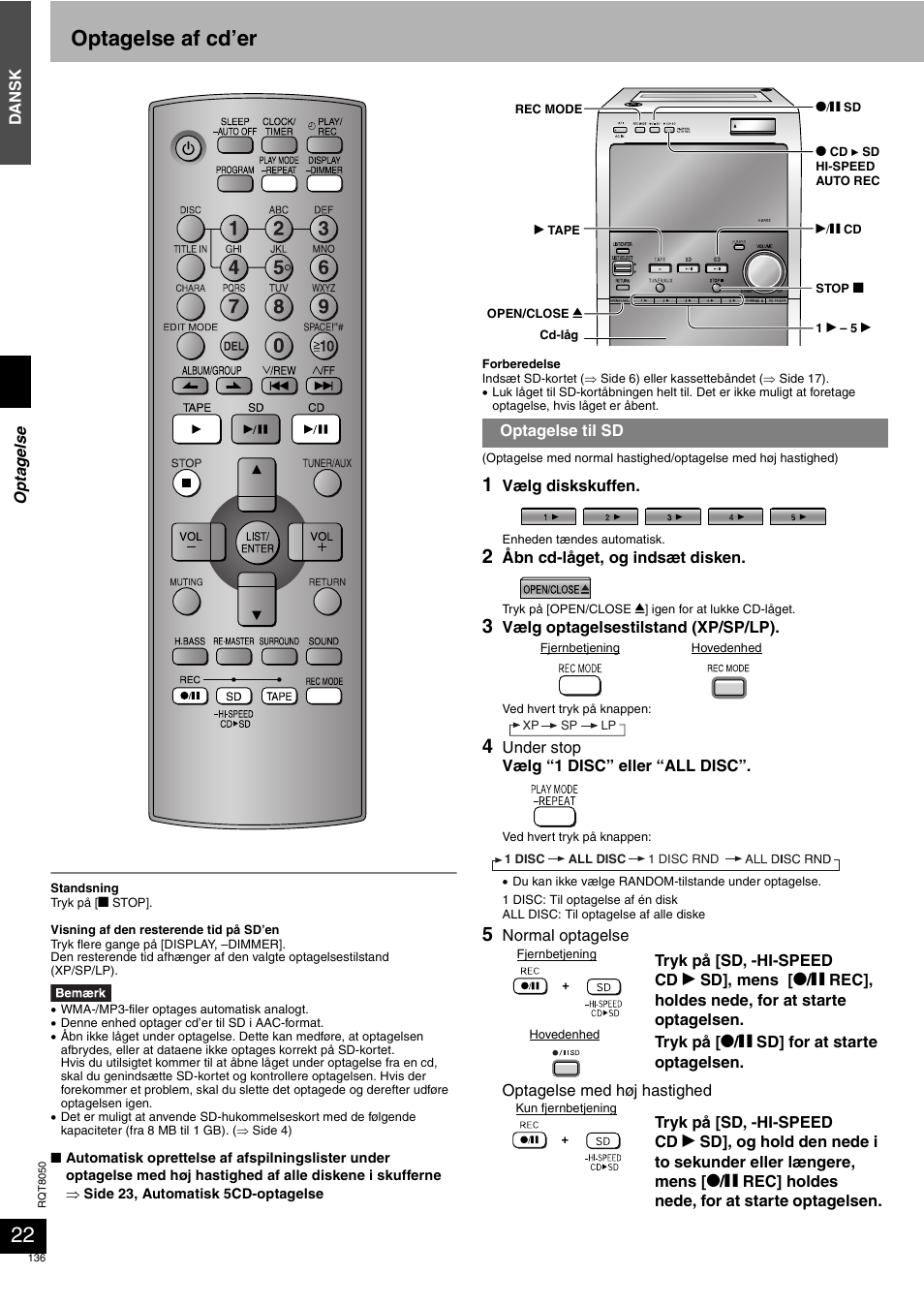 Optagelse af cd’er | Panasonic SCPM71SD User Manual | Page 136 / 192