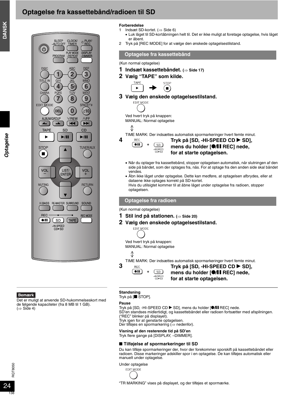 Optagelse fra kassettebånd/radioen til sd | Panasonic SCPM71SD User Manual | Page 138 / 192