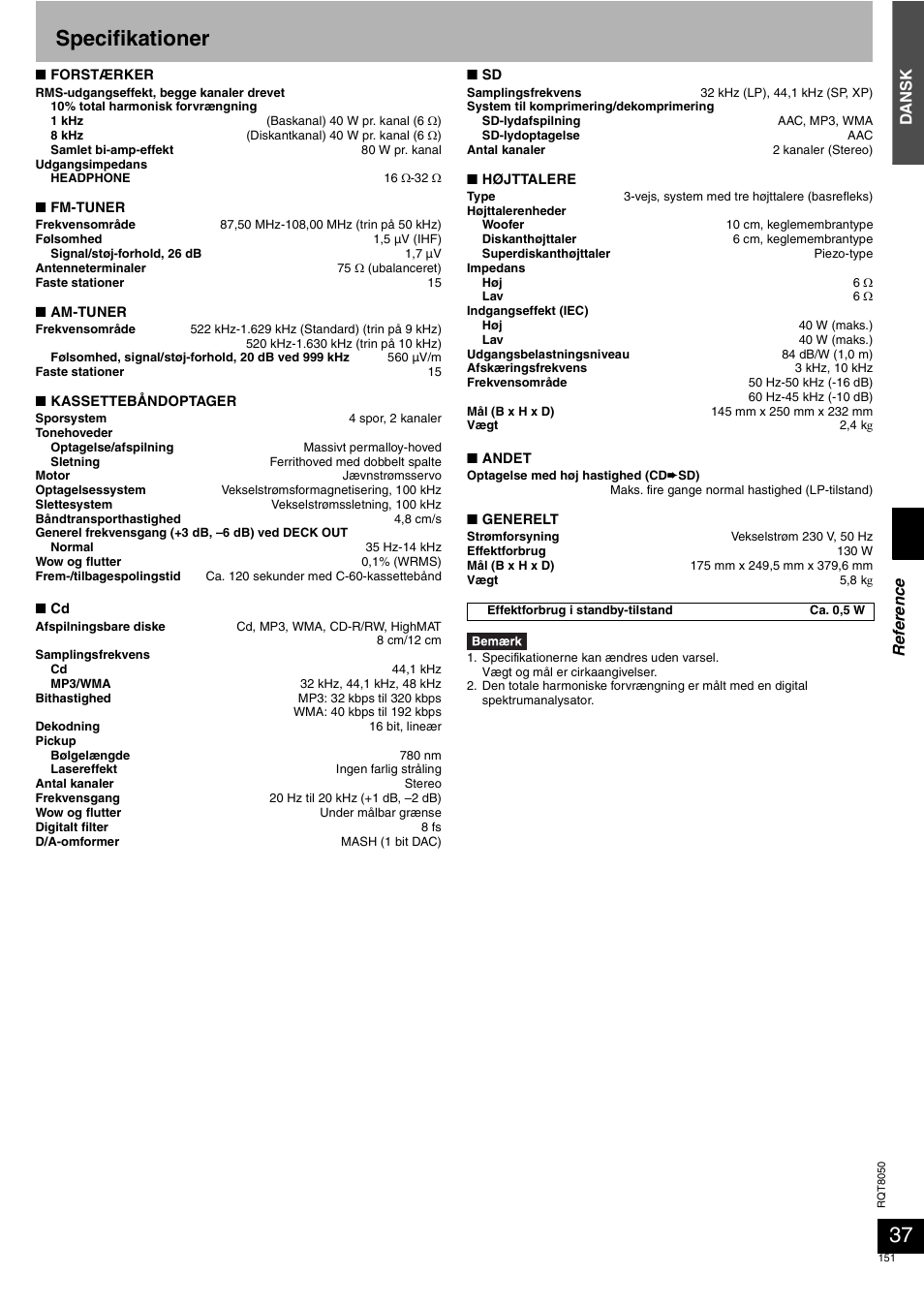 Specifikationer, Dansk, Re fe re nc e | Panasonic SCPM71SD User Manual | Page 151 / 192