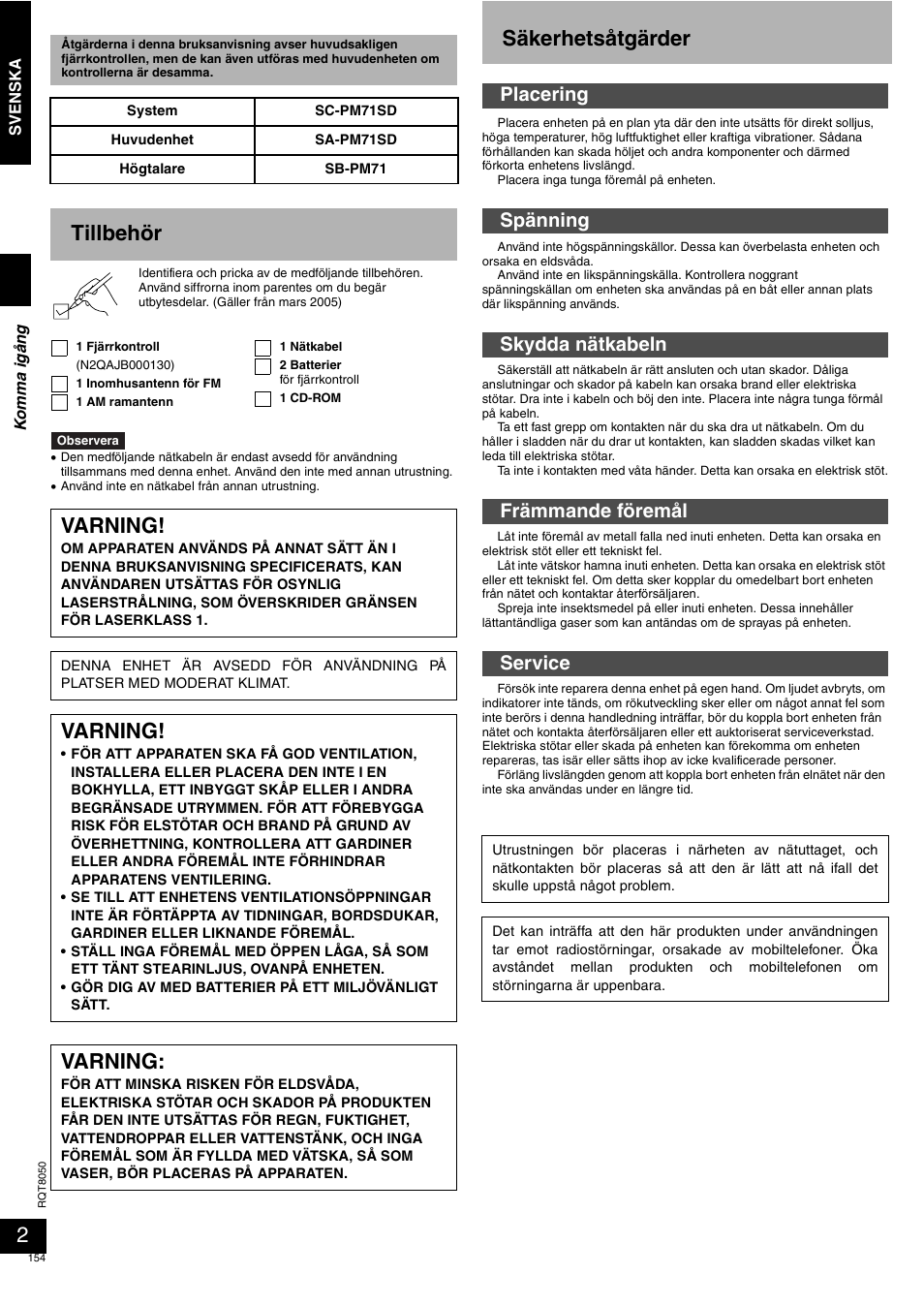 Säkerhetsåtgärder, Tillbehör, Varning | Panasonic SCPM71SD User Manual | Page 154 / 192