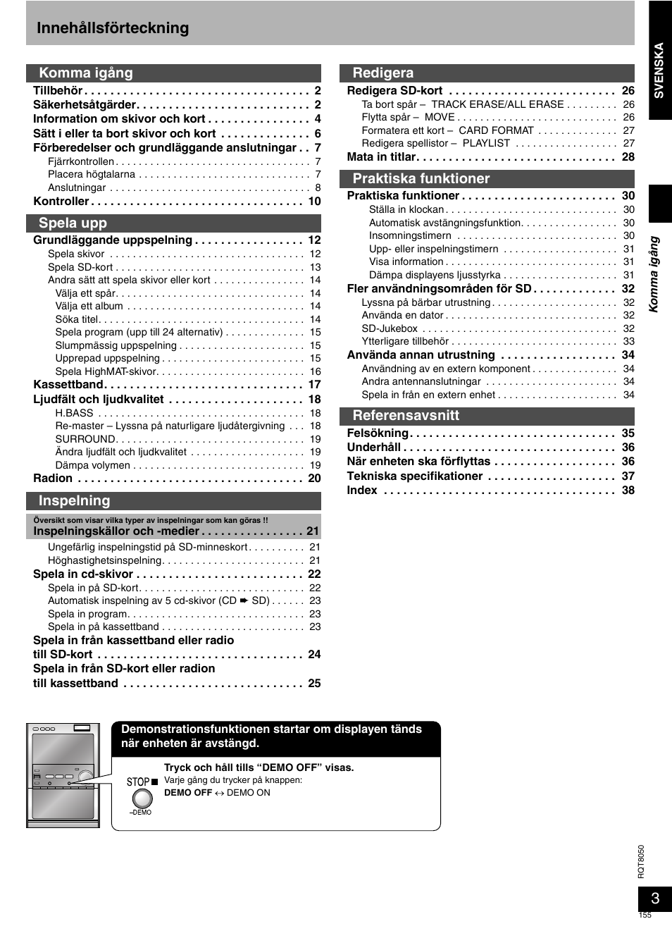 Innehållsförteckning, Komma igång spela upp inspelning, Redigera praktiska funktioner referensavsnitt | Panasonic SCPM71SD User Manual | Page 155 / 192