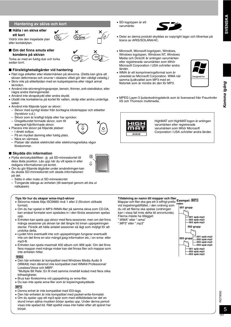 Svenska, Hantering av skiva och kort | Panasonic SCPM71SD User Manual | Page 157 / 192