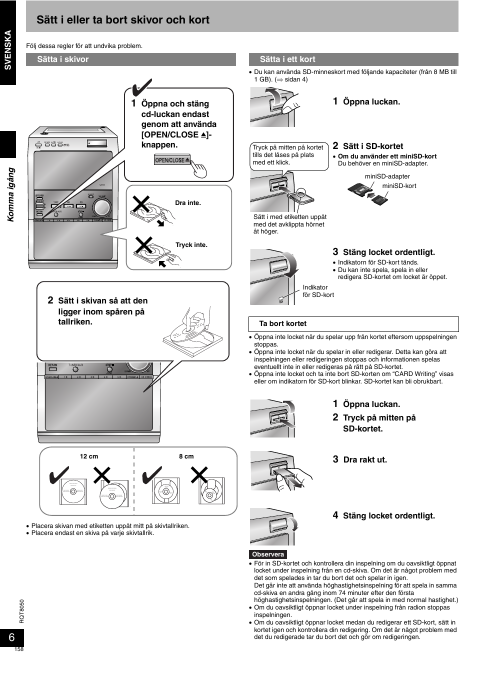 Sätt i eller ta bort skivor och kort | Panasonic SCPM71SD User Manual | Page 158 / 192