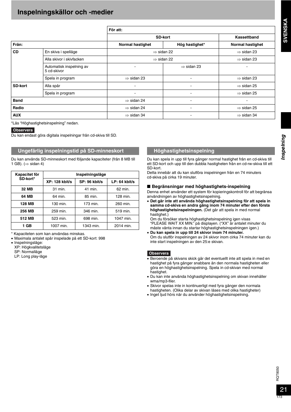 Inspelningskällor och -medier, Svenska, Ungefärlig inspelningstid på sd-minneskort | Höghastighetsinspelning ins p eln ing | Panasonic SCPM71SD User Manual | Page 173 / 192