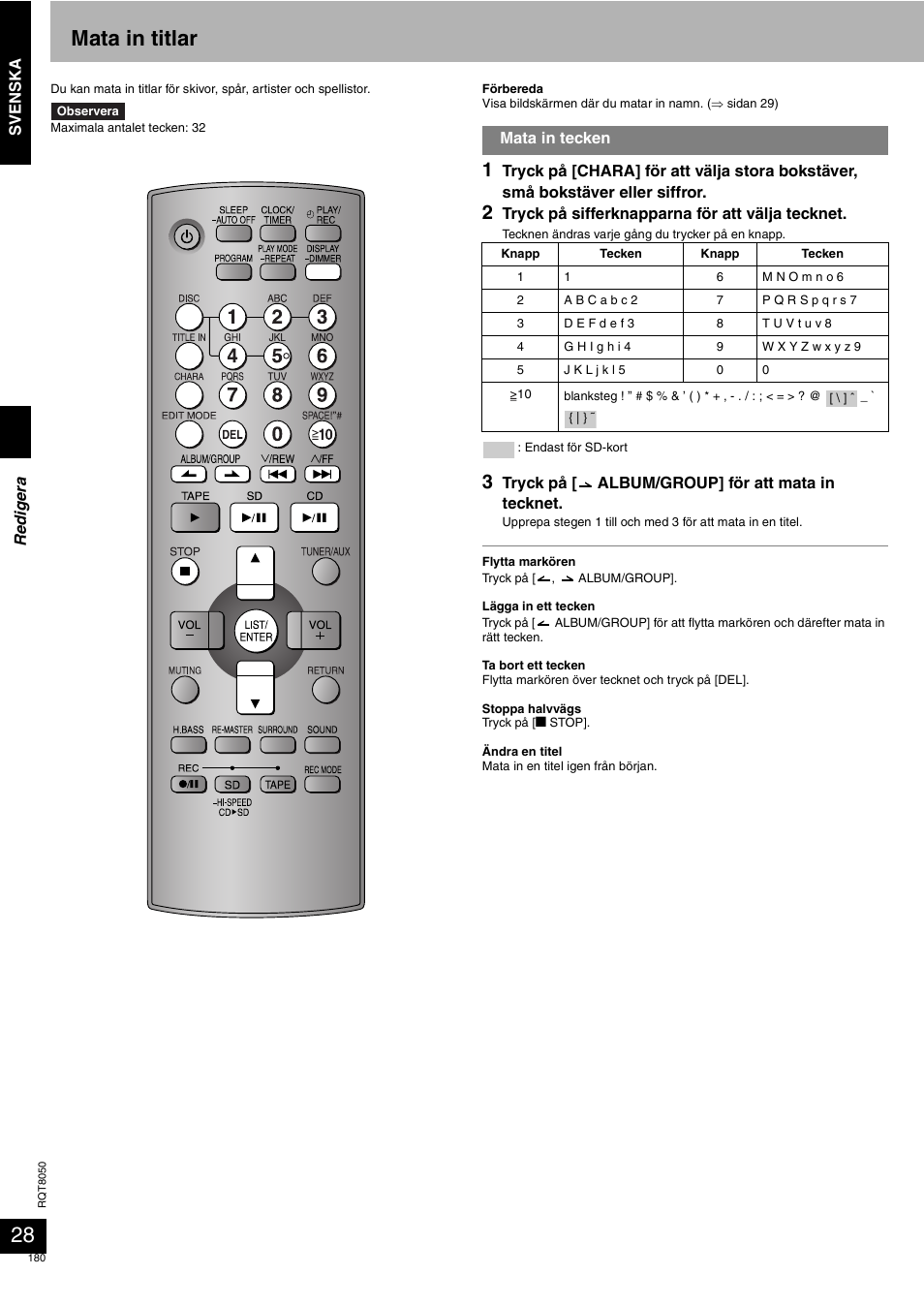 Mata in titlar, Svenska, Tryck på sifferknapparna för att välja tecknet | Tryck på [ album/group] för att mata in tecknet, Mata in tecken, Redigera | Panasonic SCPM71SD User Manual | Page 180 / 192