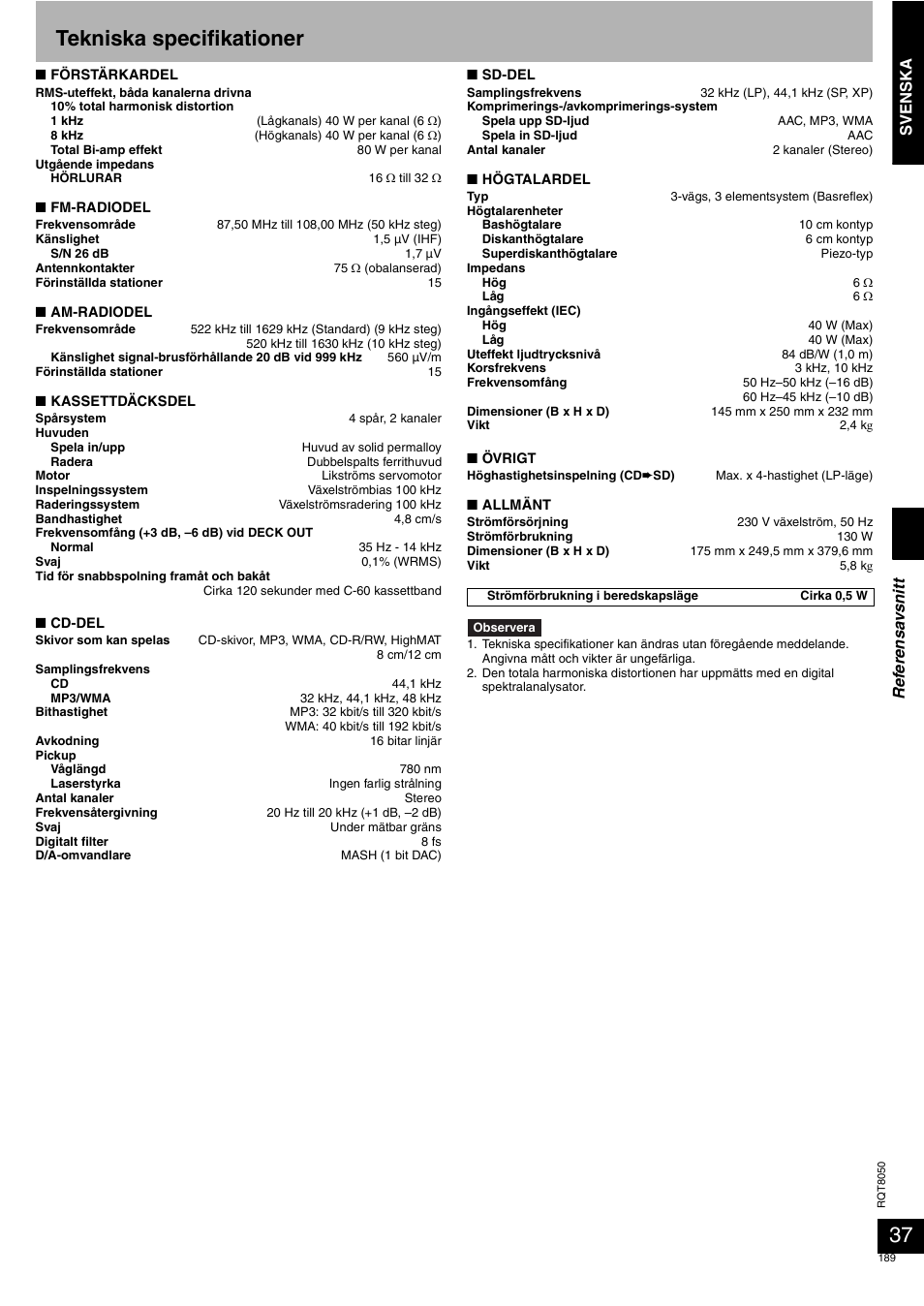 Tekniska specifikationer, Svenska, Ref er ensa vsn itt | Panasonic SCPM71SD User Manual | Page 189 / 192