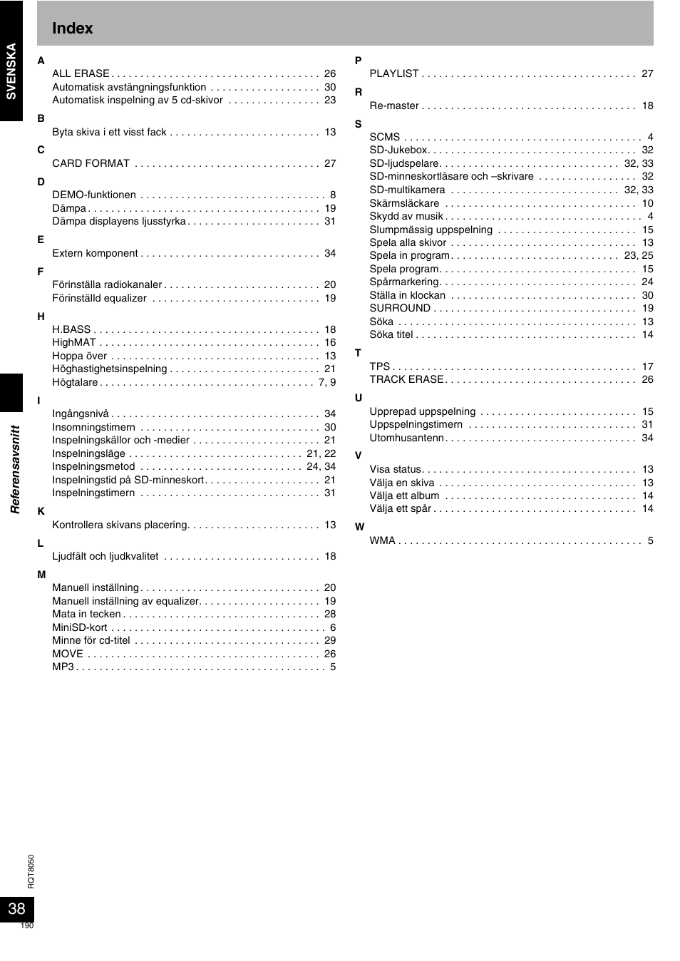 Index | Panasonic SCPM71SD User Manual | Page 190 / 192