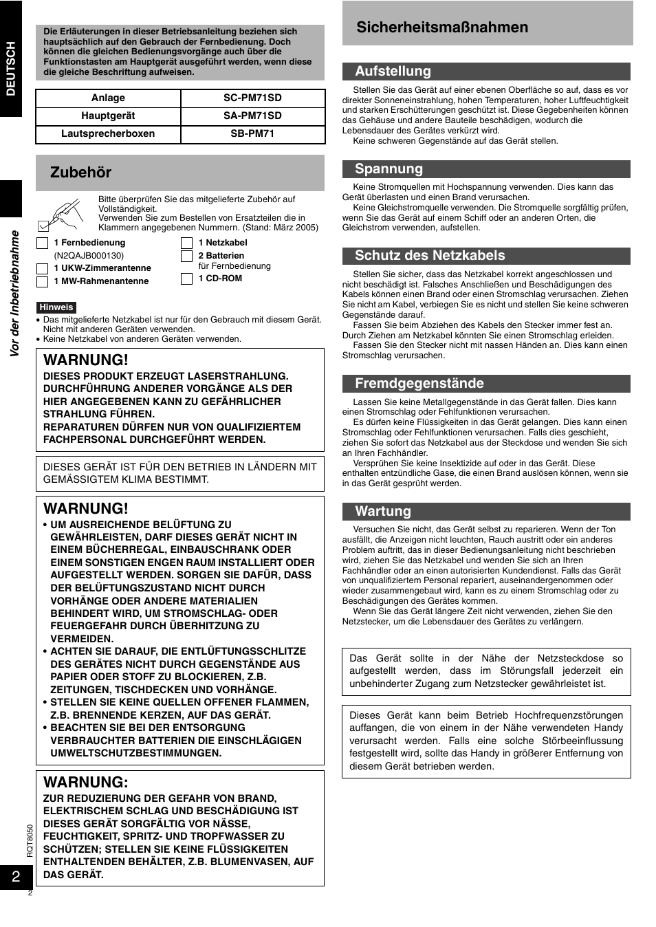 Sicherheitsmaßnahmen, Zubehör, Warnung | Panasonic SCPM71SD User Manual | Page 2 / 192