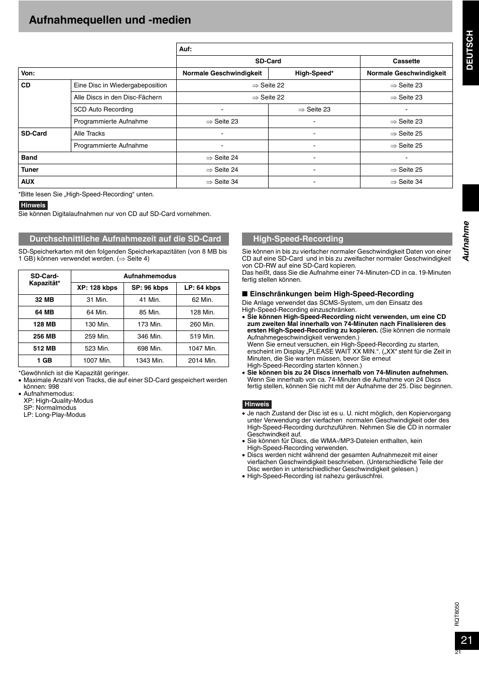 Aufnahmequellen und -medien, Deutsch, Durchschnittliche aufnahmezeit auf die sd-card | High-speed-recording au fn ah m e | Panasonic SCPM71SD User Manual | Page 21 / 192