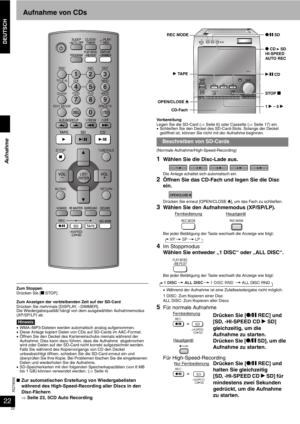 Aufnahme von cds | Panasonic SCPM71SD User Manual | Page 22 / 192