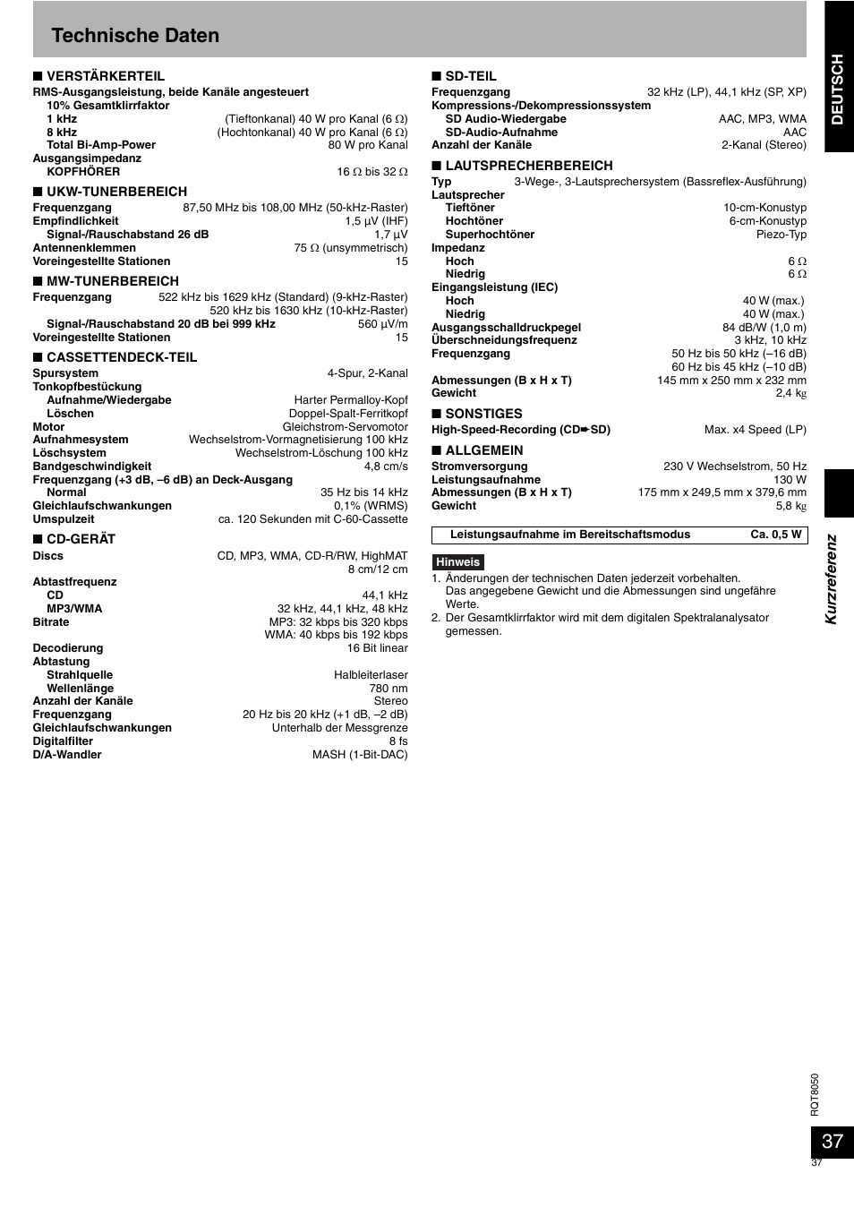 Technische daten, Deutsch, Ku rzr ef ere nz | Panasonic SCPM71SD User Manual | Page 37 / 192