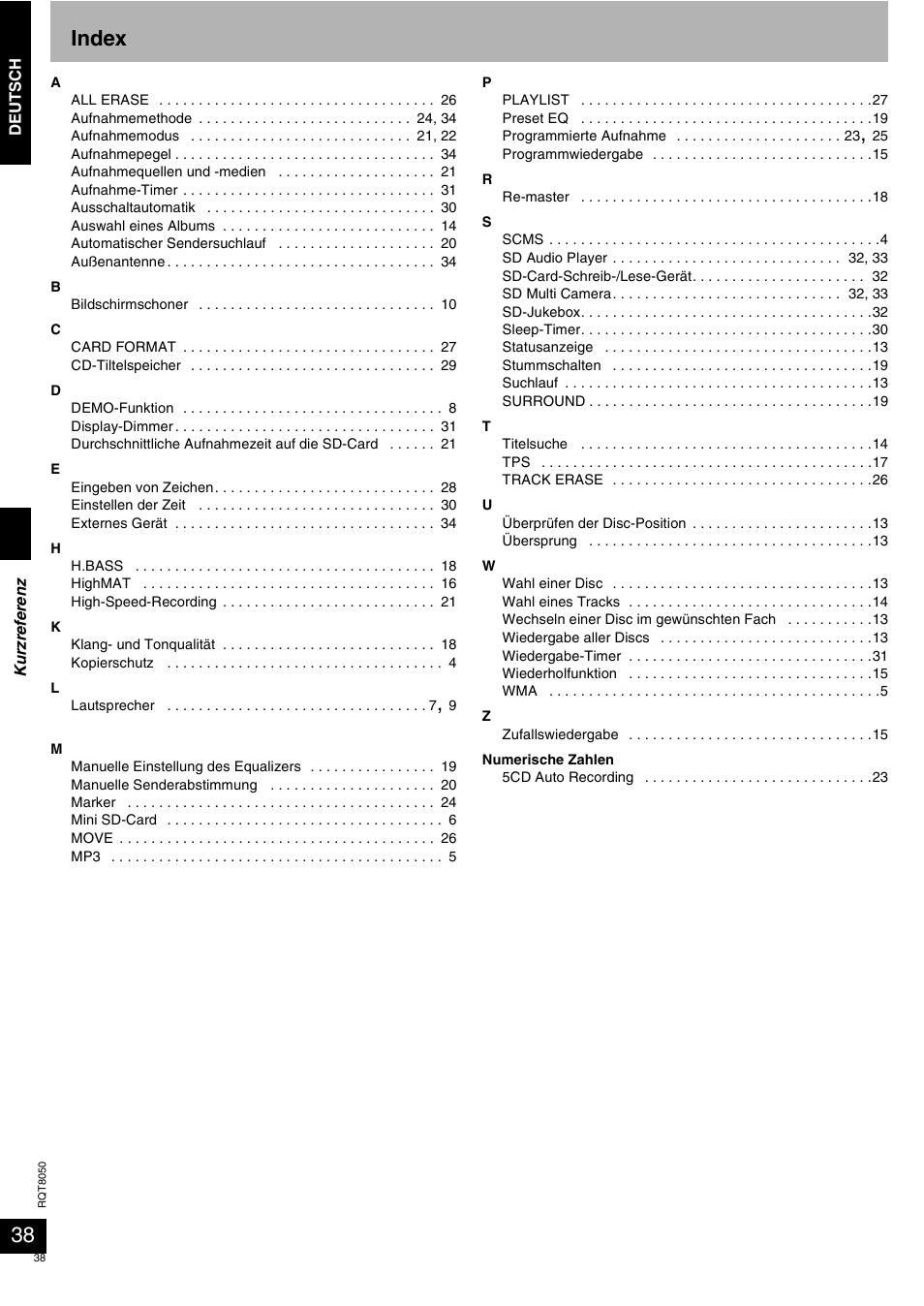 Index | Panasonic SCPM71SD User Manual | Page 38 / 192