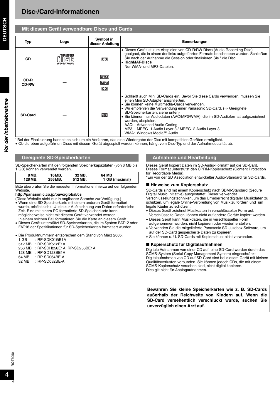 Disc-/card-informationen, Deutsch, Mit diesem gerät verwendbare discs und cards | Geeignete sd-speicherkarten, Aufnahme und bearbeitung, Vo r der inbe tr ie bna hme | Panasonic SCPM71SD User Manual | Page 4 / 192