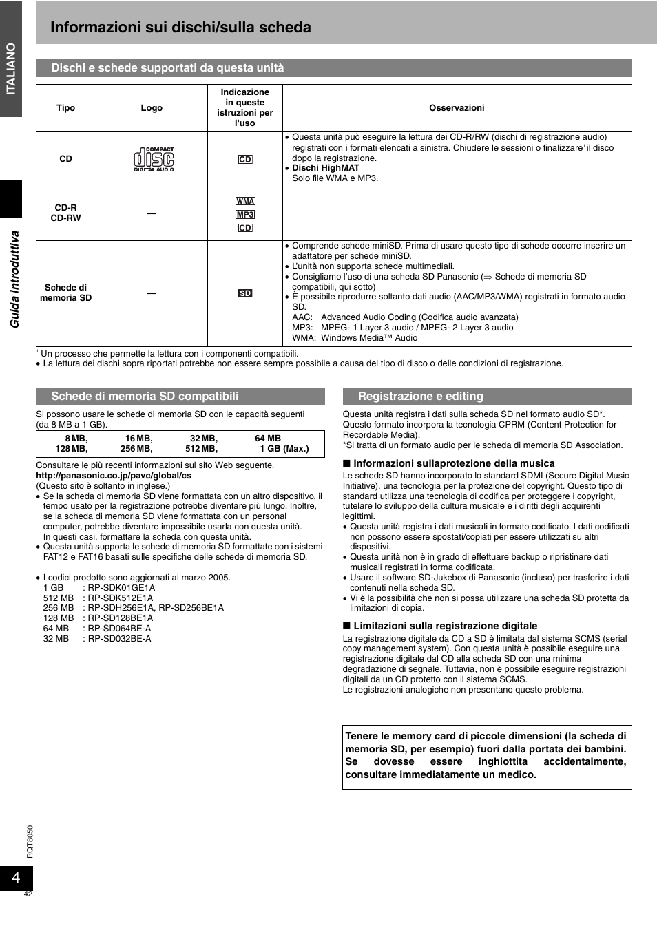 Informazioni sui dischi/sulla scheda, It al iano, Dischi e schede supportati da questa unità | Registrazione e editing, Guida intr odutti va | Panasonic SCPM71SD User Manual | Page 42 / 192