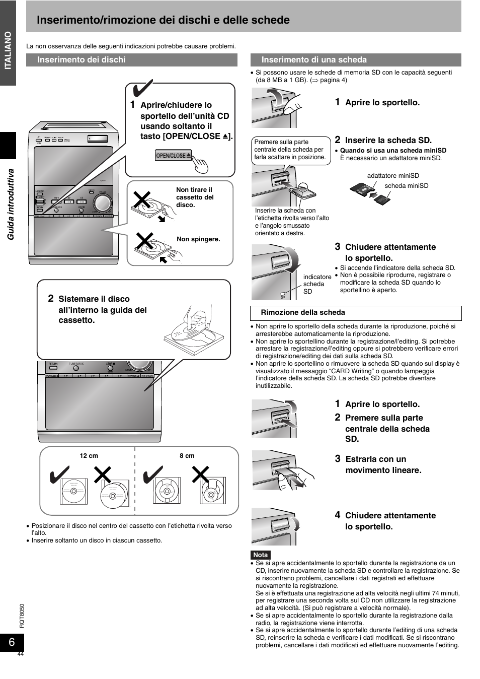 Inserimento/rimozione dei dischi e delle schede | Panasonic SCPM71SD User Manual | Page 44 / 192