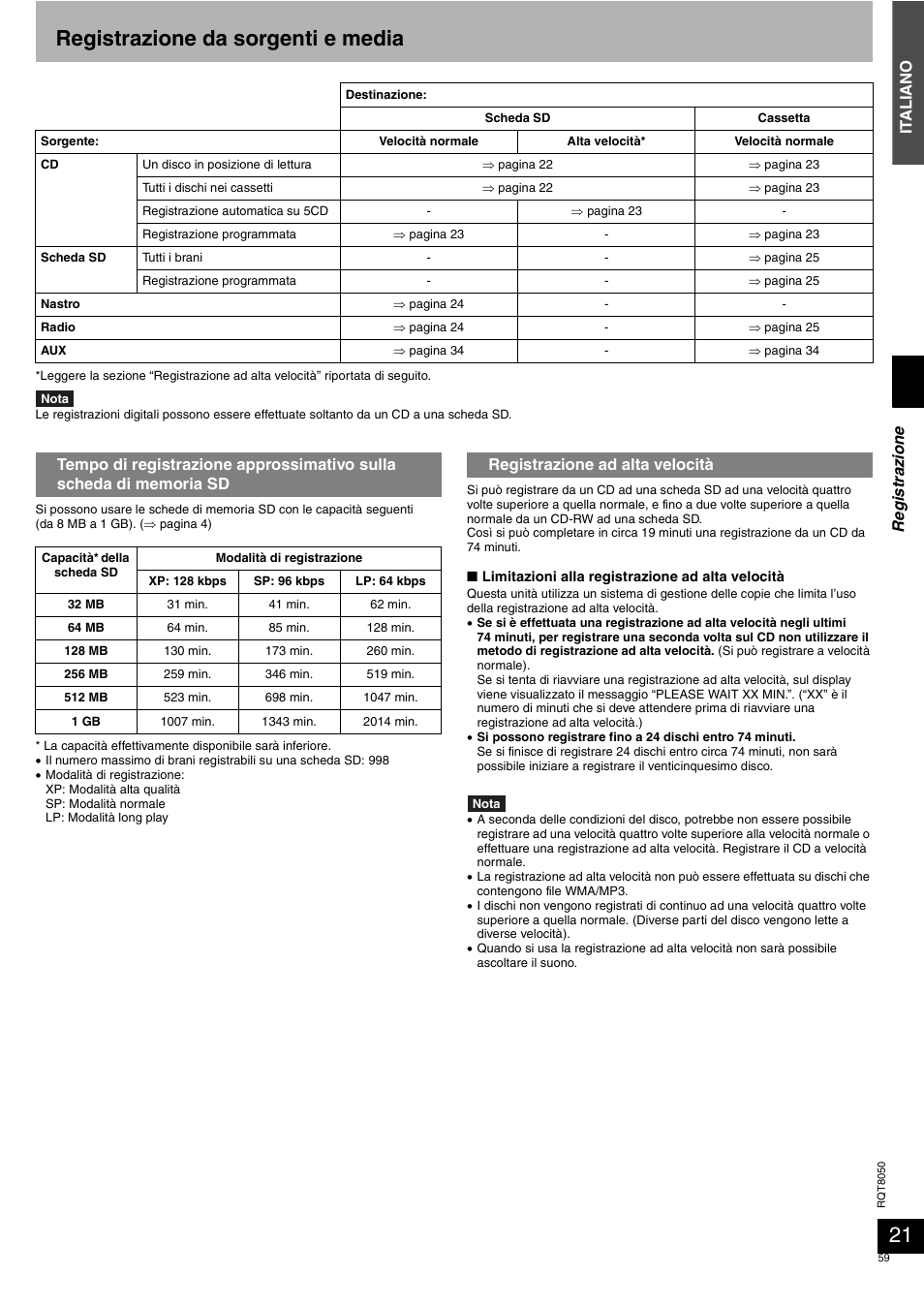 Registrazione da sorgenti e media, It al iano, Registrazione ad alta velocità re gis tra zi o n e | Panasonic SCPM71SD User Manual | Page 59 / 192