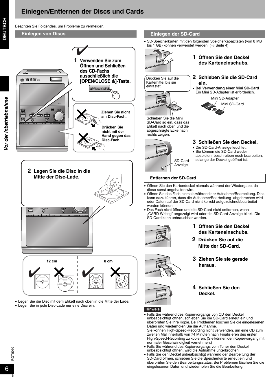Einlegen/entfernen der discs und cards | Panasonic SCPM71SD User Manual | Page 6 / 192