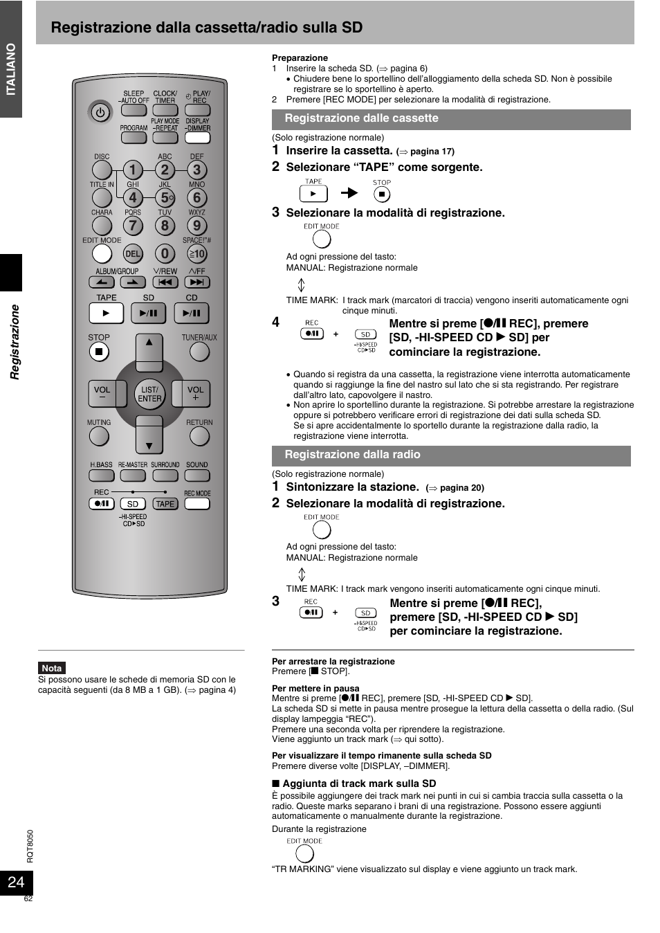 Registrazione dalla cassetta/radio sulla sd | Panasonic SCPM71SD User Manual | Page 62 / 192