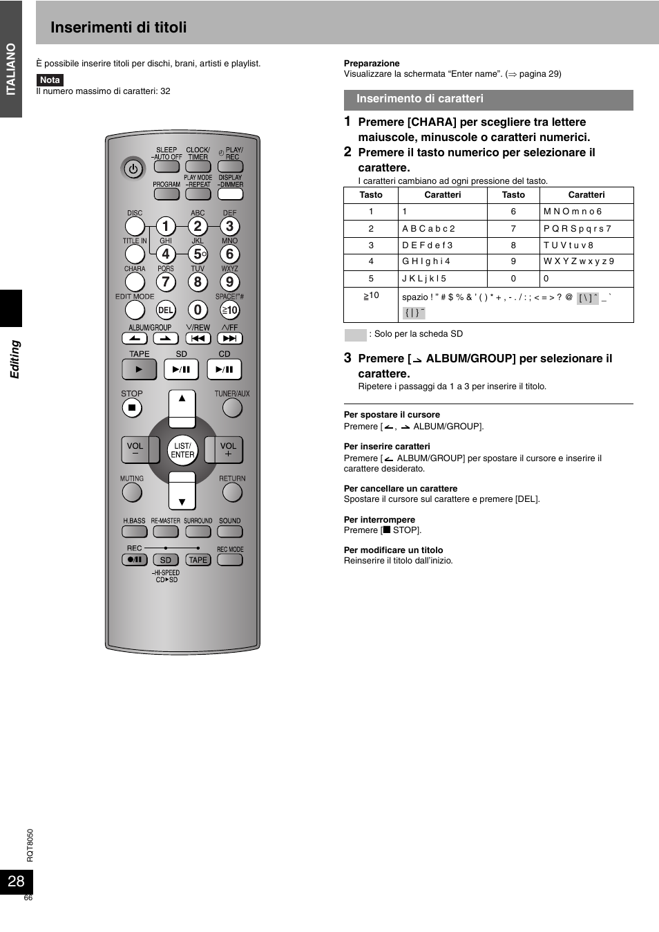 Inserimenti di titoli | Panasonic SCPM71SD User Manual | Page 66 / 192