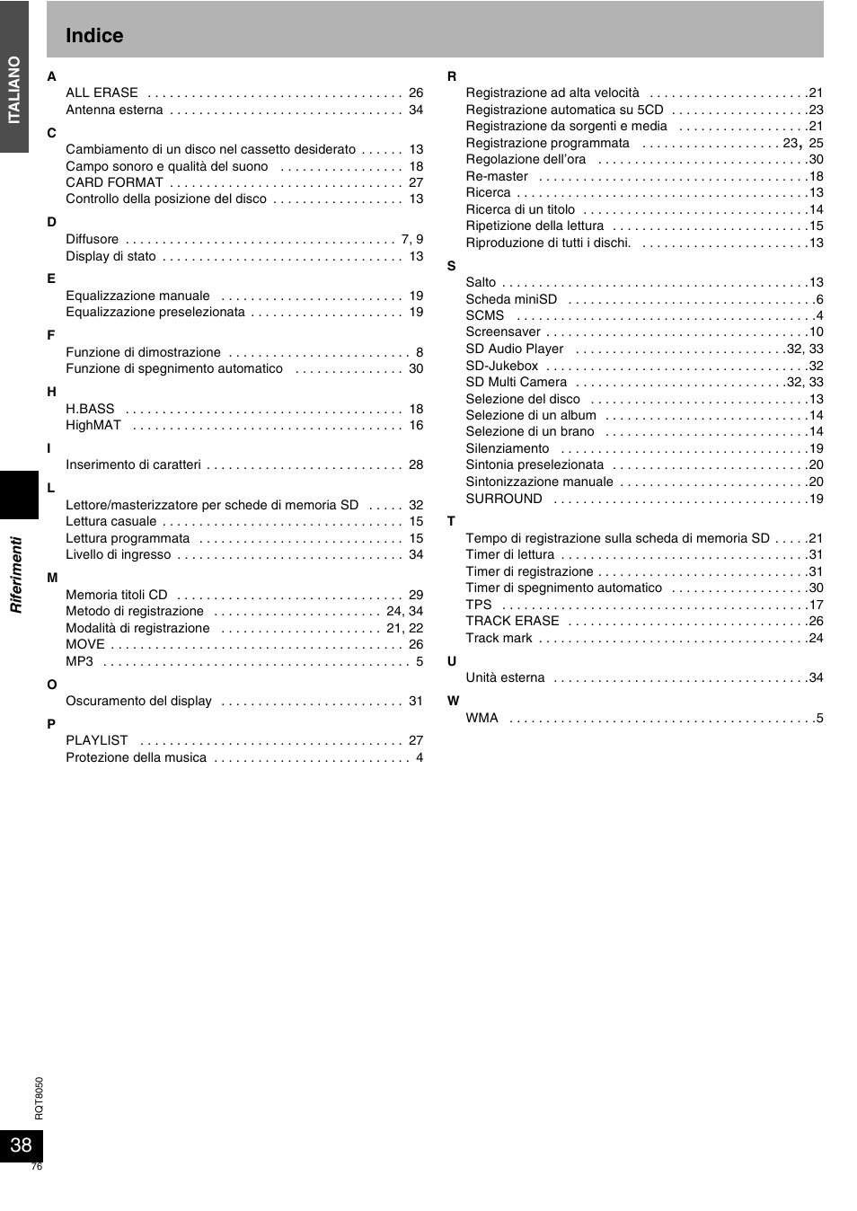 Indice | Panasonic SCPM71SD User Manual | Page 76 / 192