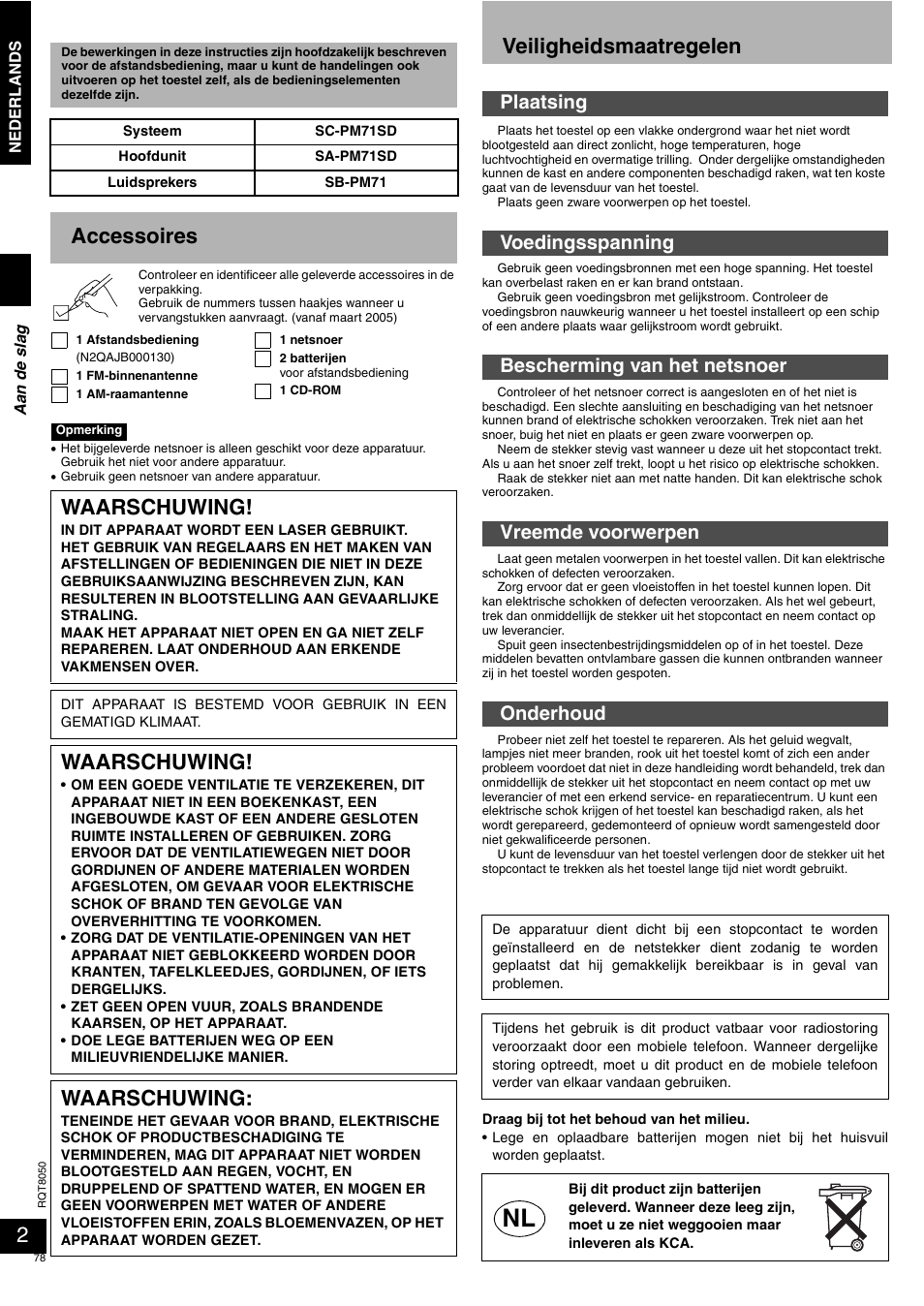 Veiligheidsmaatregelen, Accessoires, Waarschuwing | Panasonic SCPM71SD User Manual | Page 78 / 192