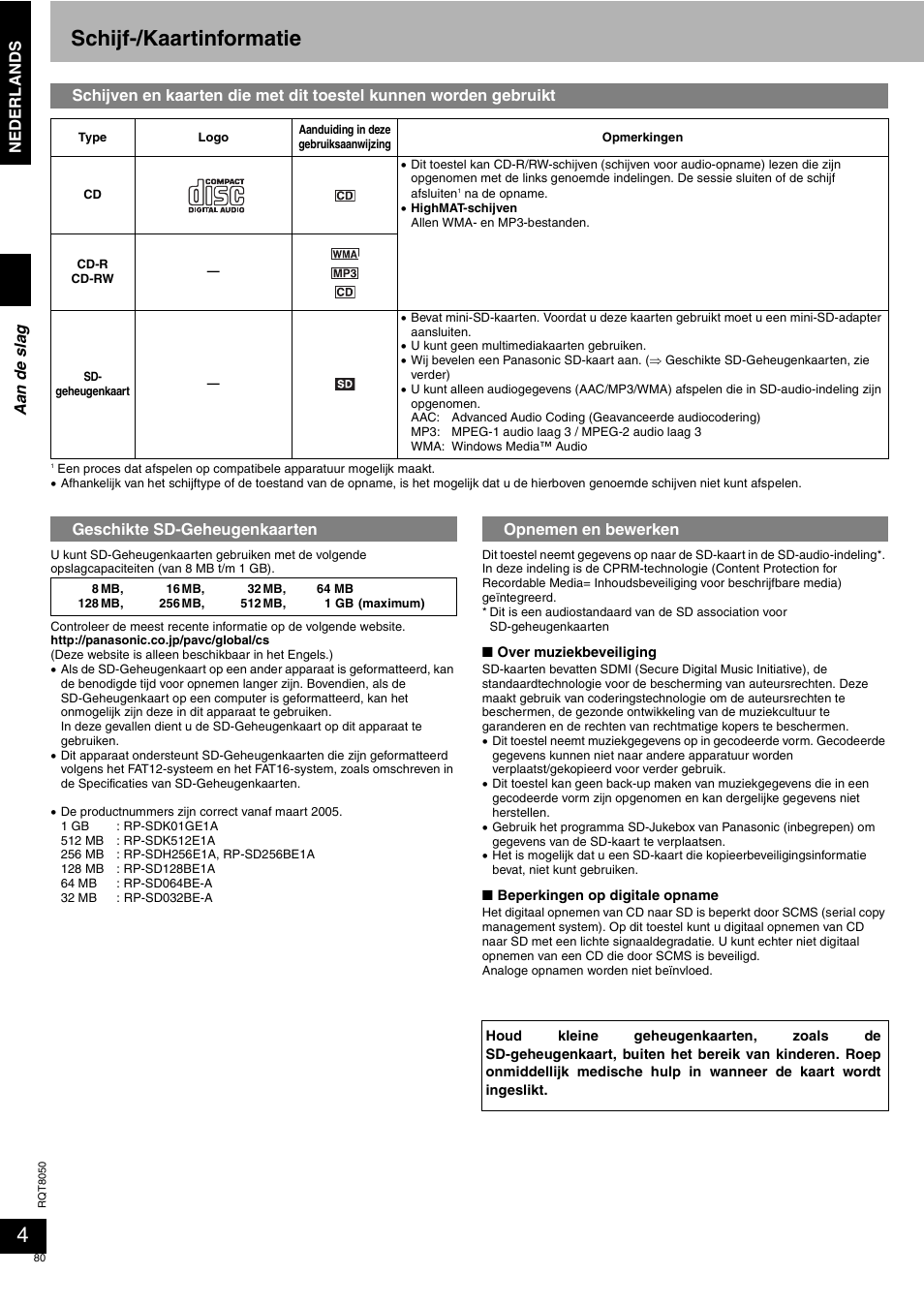 Schijf-/kaartinformatie, Nederlands, Geschikte sd-geheugenkaarten | Opnemen en bewerken, Aa n de sla g | Panasonic SCPM71SD User Manual | Page 80 / 192