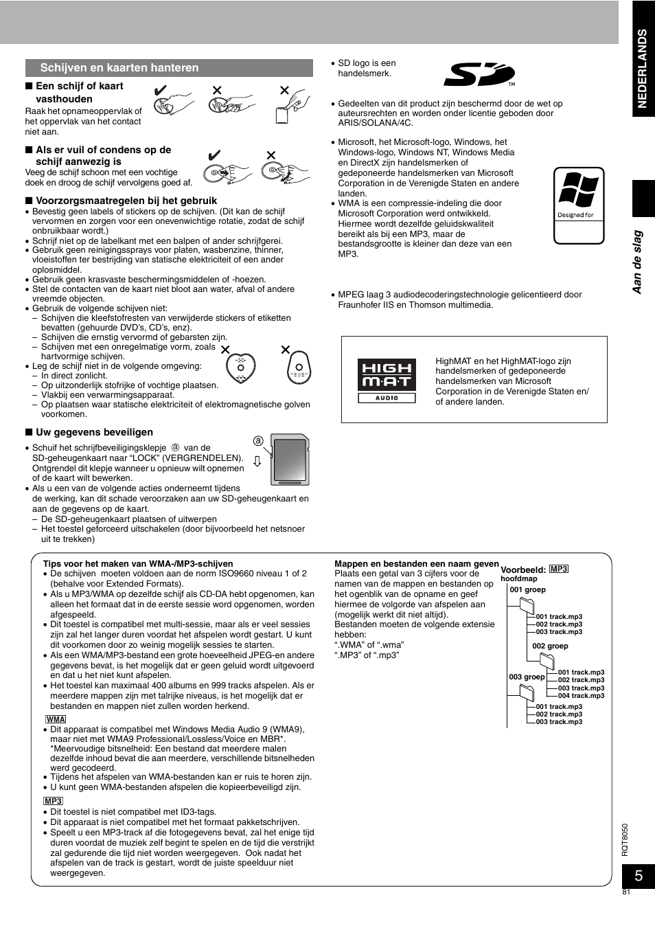 Nederlands, Schijven en kaarten hanteren, Aa n de sla g | Panasonic SCPM71SD User Manual | Page 81 / 192