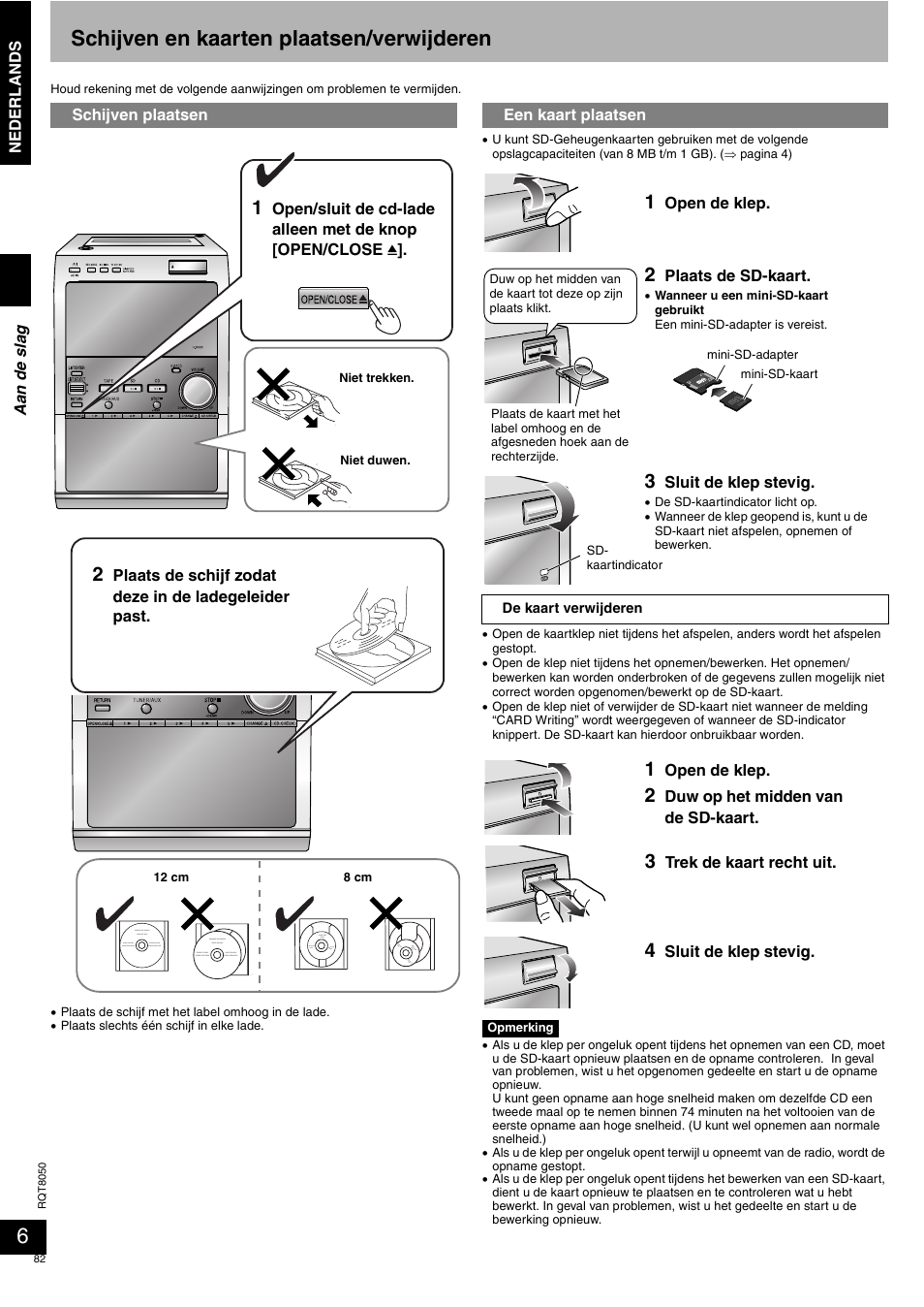 Schijven en kaarten plaatsen/verwijderen | Panasonic SCPM71SD User Manual | Page 82 / 192