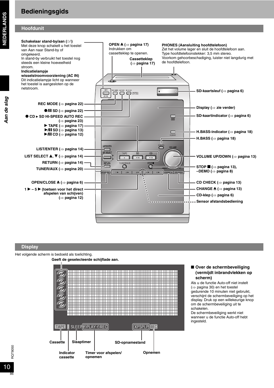 Bedieningsgids, Nederlands, Hoofdunit display | Aa n de sla g | Panasonic SCPM71SD User Manual | Page 86 / 192