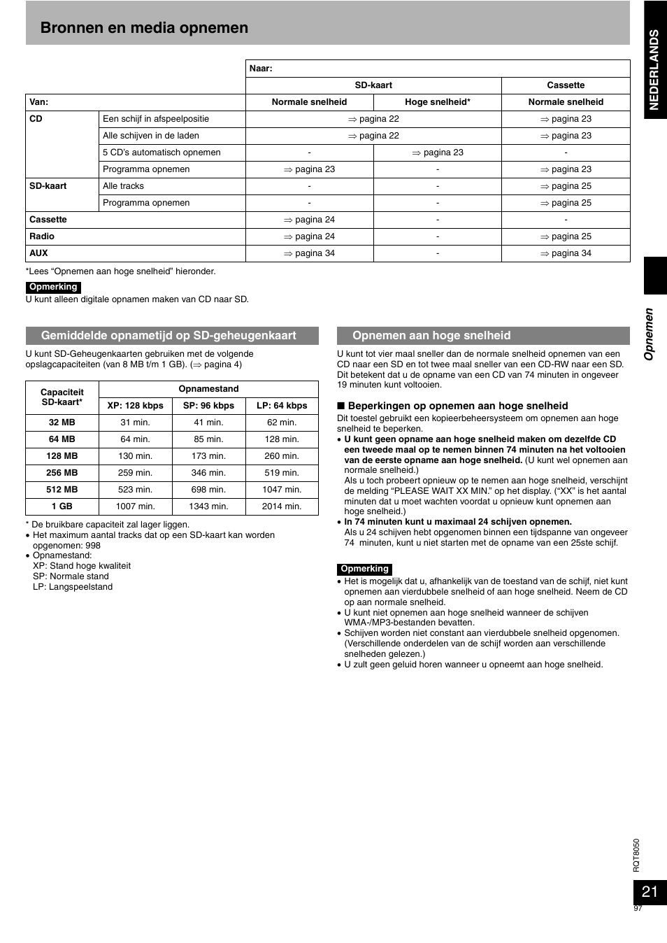 Bronnen en media opnemen, Nederlands, Gemiddelde opnametijd op sd-geheugenkaart | Opnemen aan hoge snelheid op n em en | Panasonic SCPM71SD User Manual | Page 97 / 192