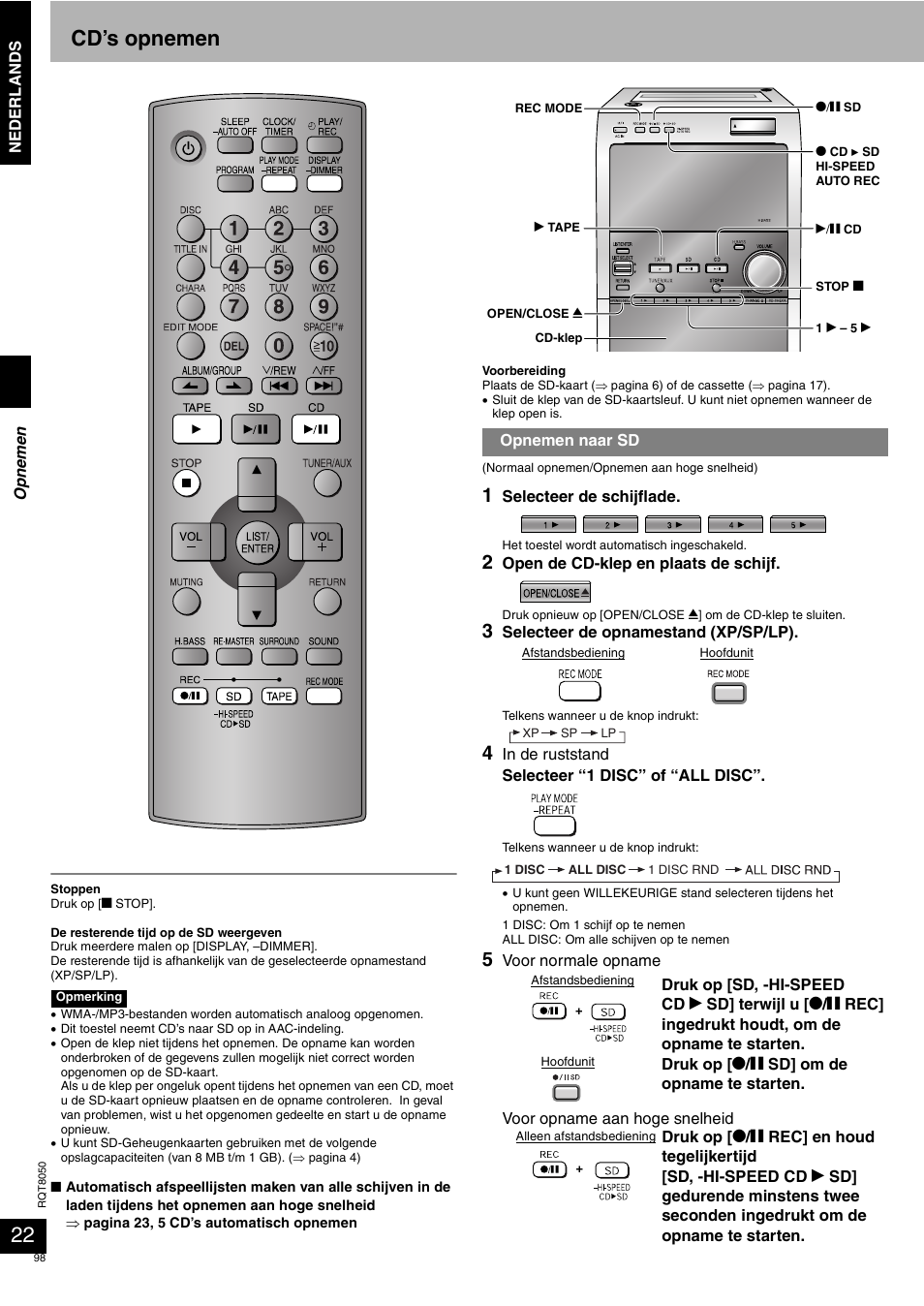 Cd’s opnemen | Panasonic SCPM71SD User Manual | Page 98 / 192