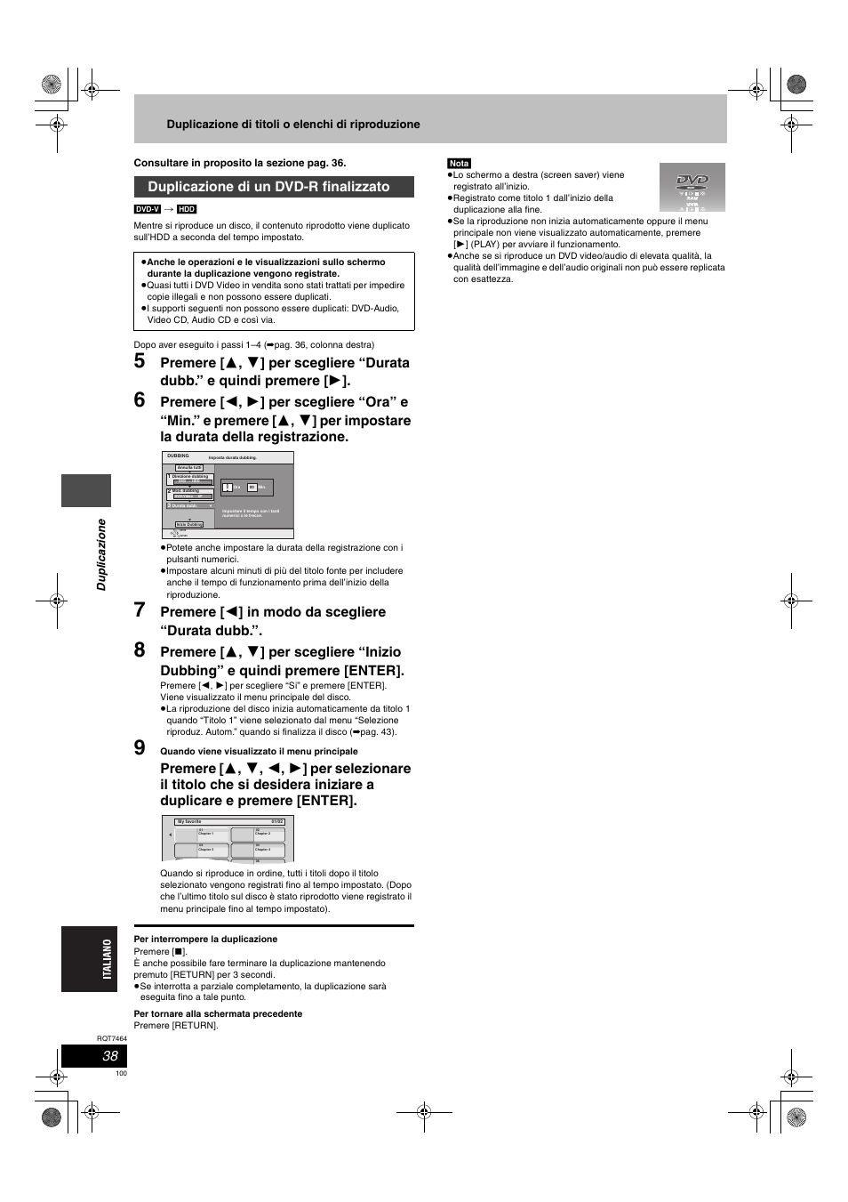 Premere [ 2 ] in modo da scegliere “durata dubb, Duplicazione di un dvd-r finalizzato | Panasonic DMRE95H User Manual | Page 100 / 124