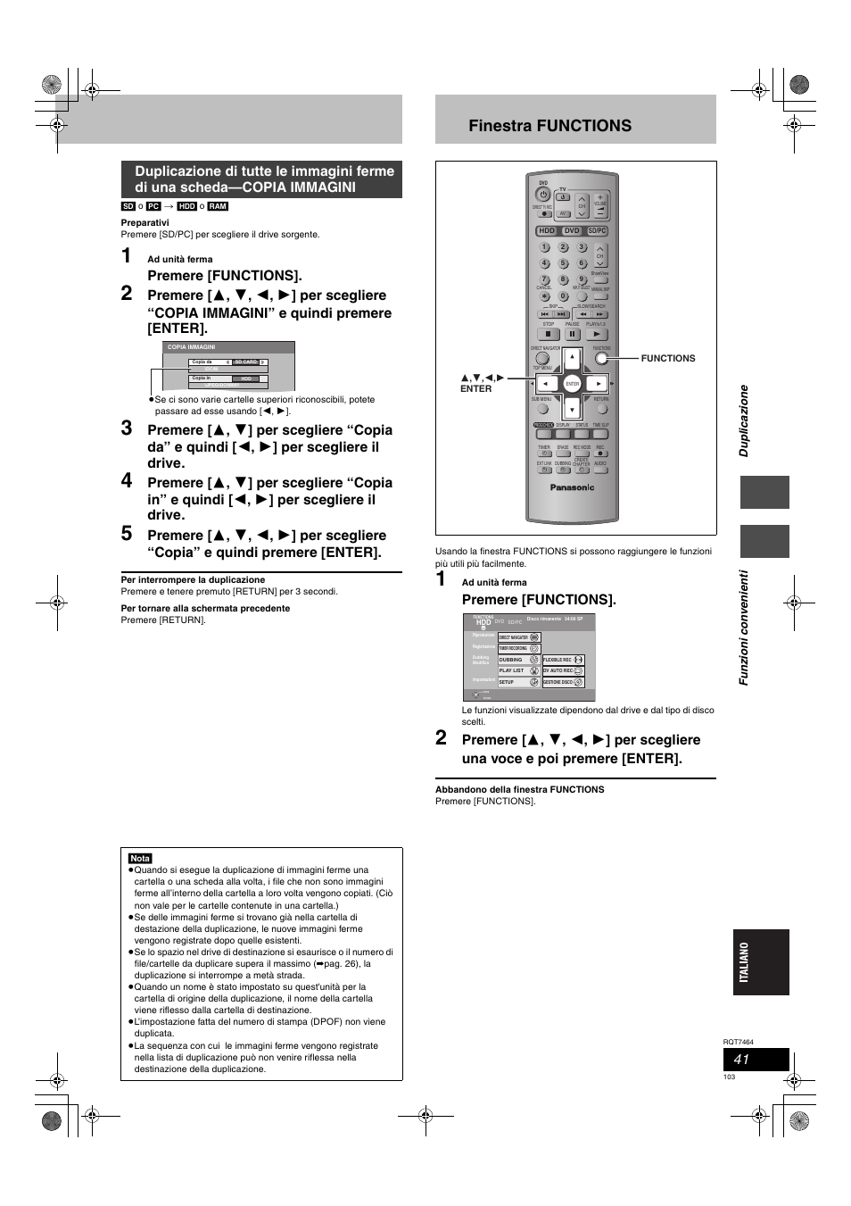 Finestra functions, Premere [functions | Panasonic DMRE95H User Manual | Page 103 / 124
