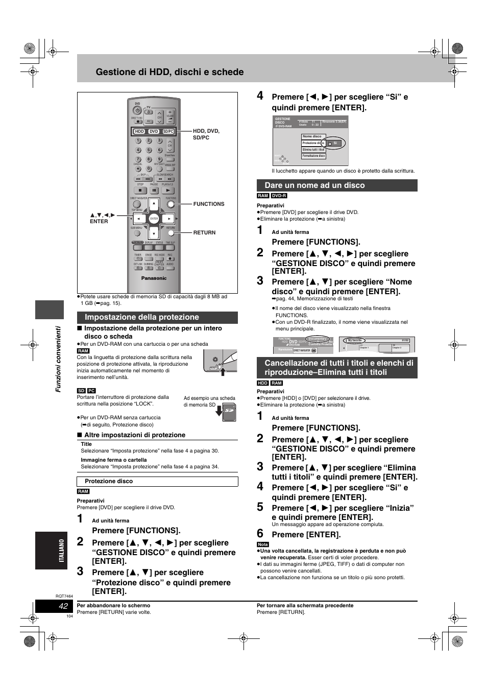 Gestione di hdd, dischi e schede, Premere [functions, Premere [enter | Impostazione della protezione, Lock | Panasonic DMRE95H User Manual | Page 104 / 124