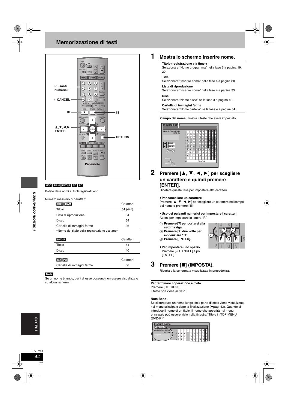 Mostra lo schermo inserire nome, Premere [ ∫ ] (imposta) | Panasonic DMRE95H User Manual | Page 106 / 124