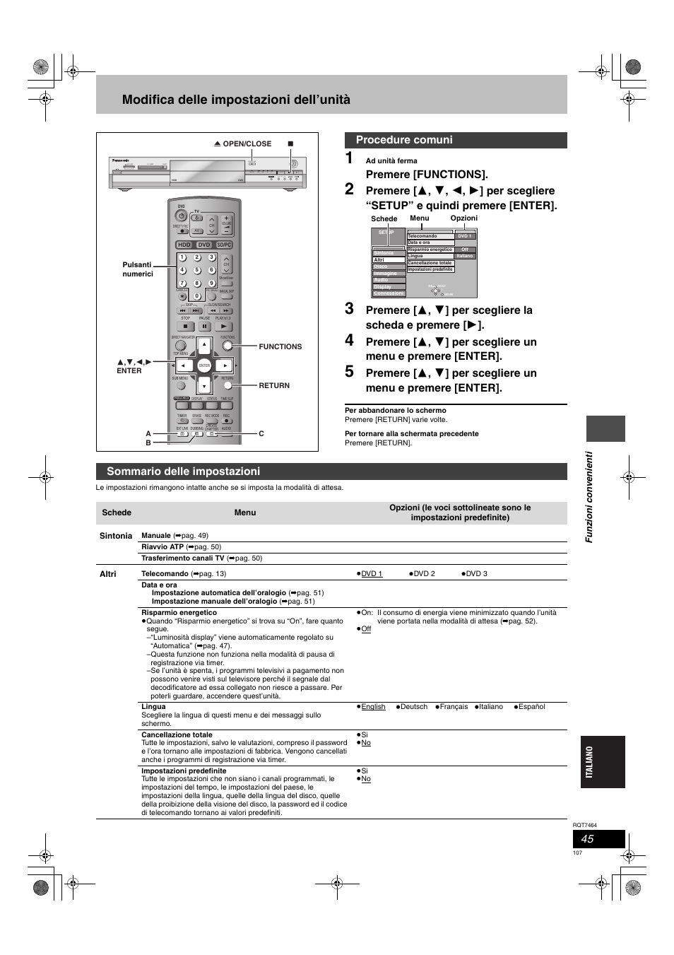 Modifica delle impostazioni dell’unità, Premere [functions, Procedure comuni | Sommario delle impostazioni, Open/close | Panasonic DMRE95H User Manual | Page 107 / 124