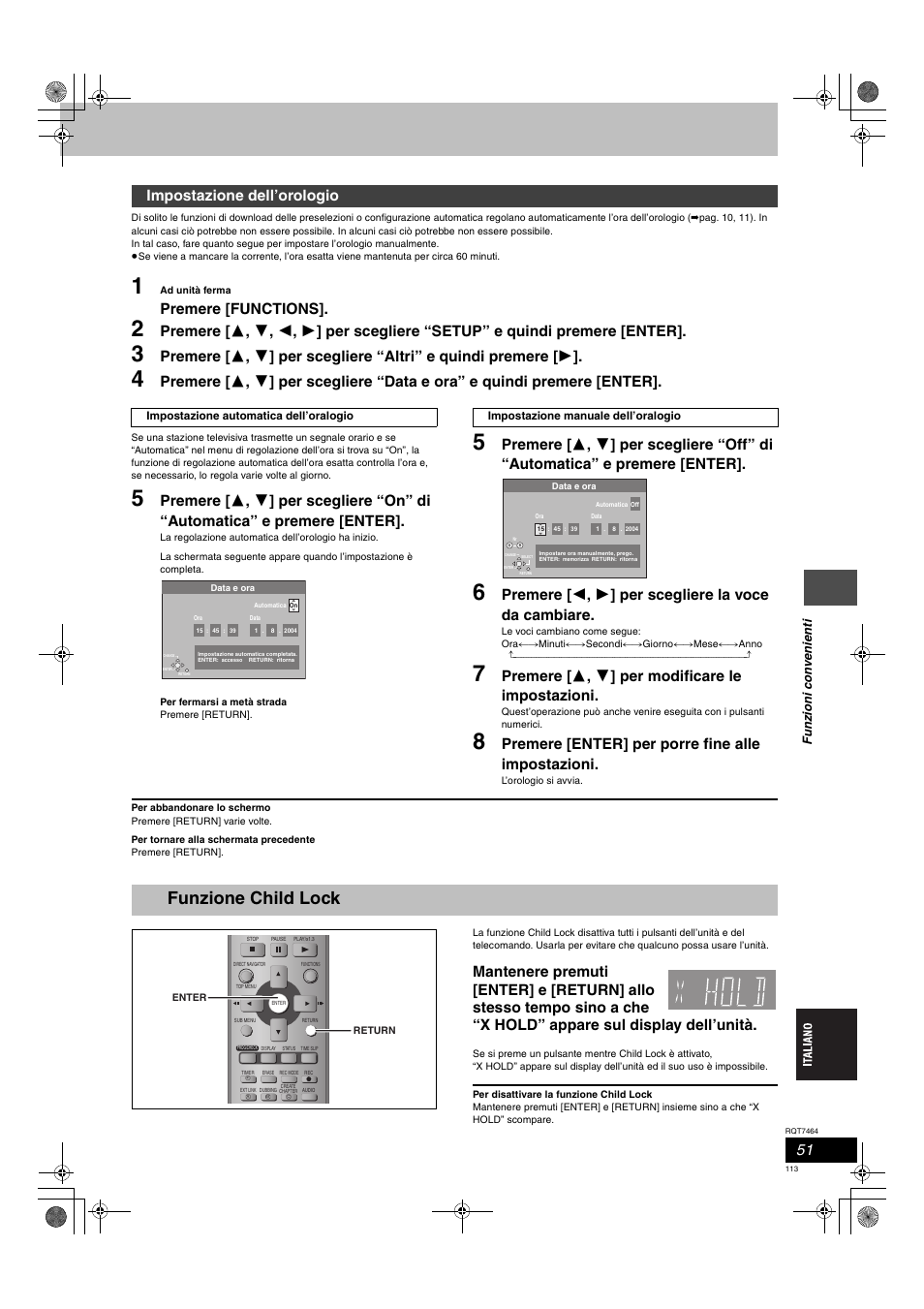 Funzione child lock, Premere [functions, Premere [ 3 , 4 ] per modificare le impostazioni | Premere [enter] per porre fine alle impostazioni, Impostazione dell’orologio | Panasonic DMRE95H User Manual | Page 113 / 124