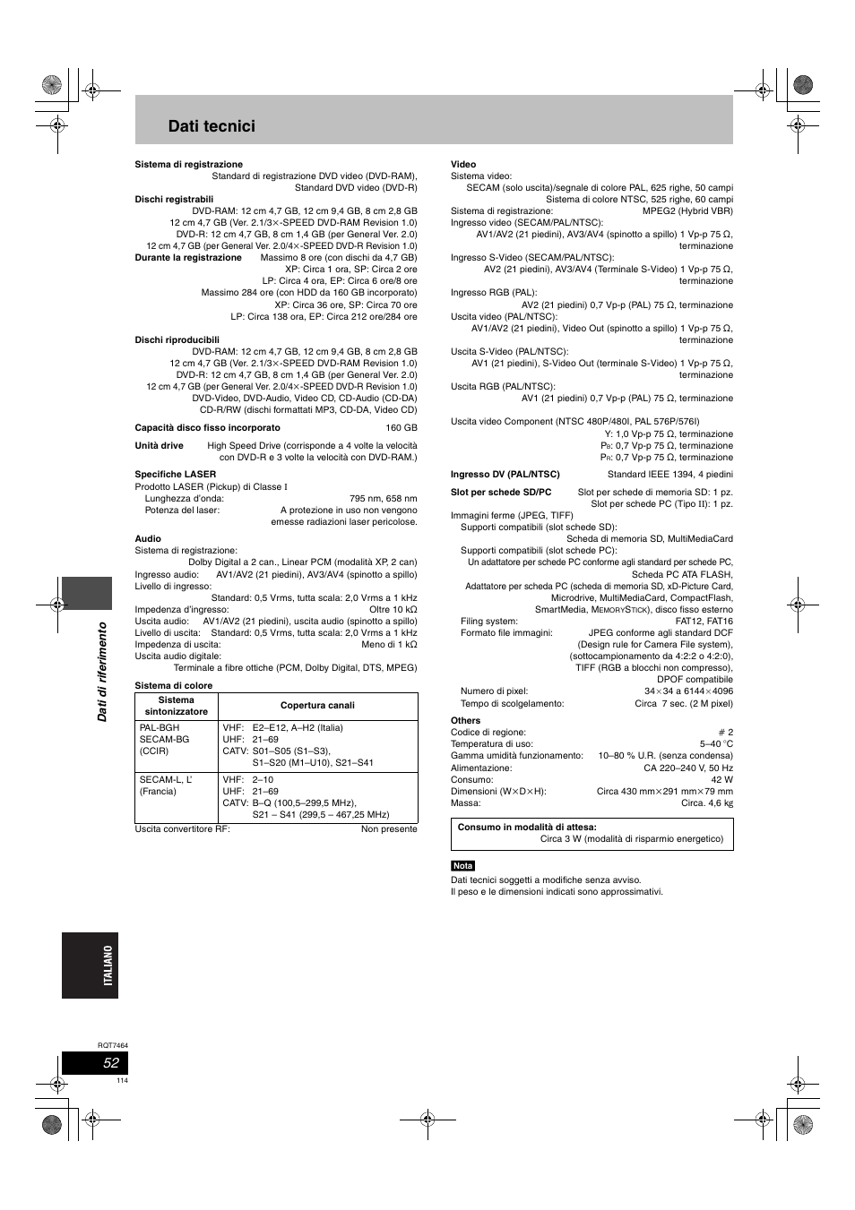 Dati tecnici | Panasonic DMRE95H User Manual | Page 114 / 124