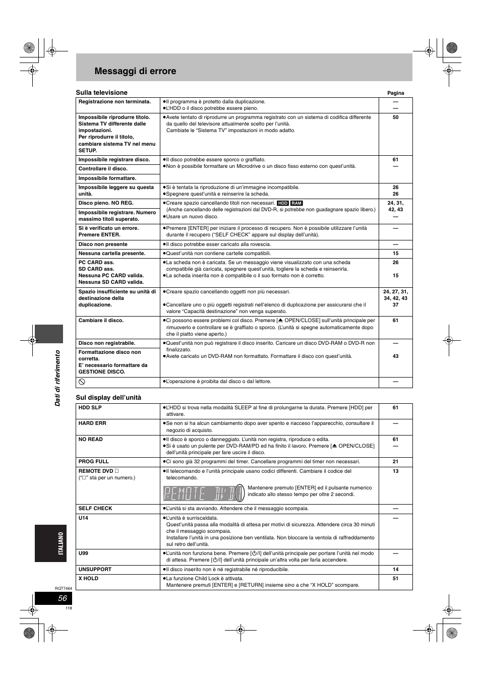 Messaggi di errore | Panasonic DMRE95H User Manual | Page 118 / 124