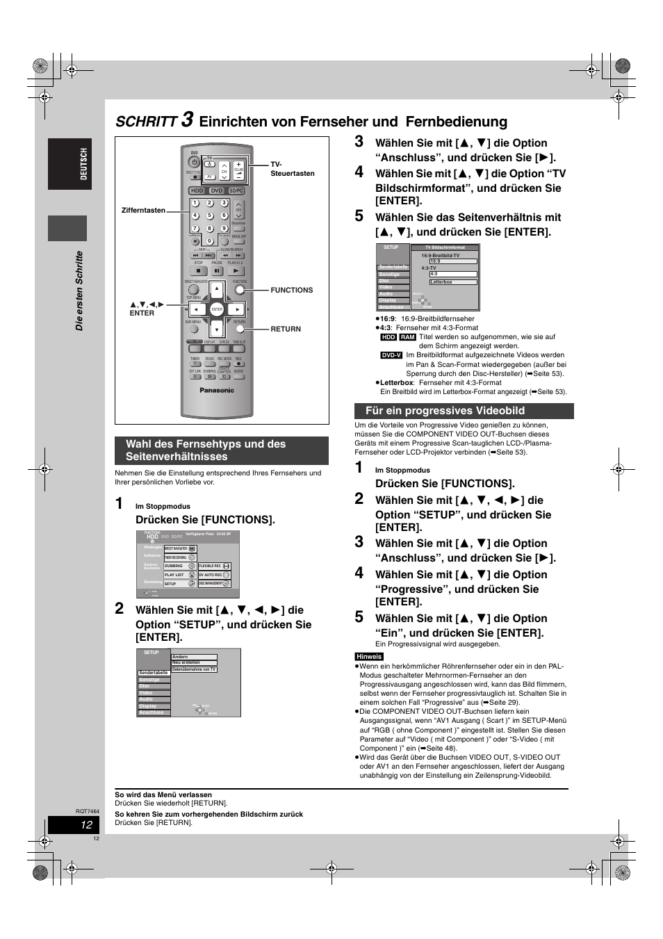 Schritt, Einrichten von fernseher und fernbedienung, Drücken sie [functions | Wahl des fernsehtyps und des seitenverhältnisses, Für ein progressives videobild, Di e er s ten sch rit te | Panasonic DMRE95H User Manual | Page 12 / 124