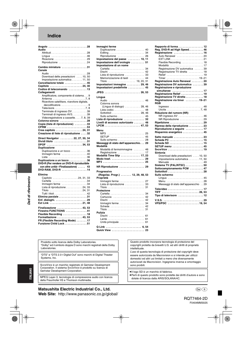 Indice | Panasonic DMRE95H User Manual | Page 124 / 124