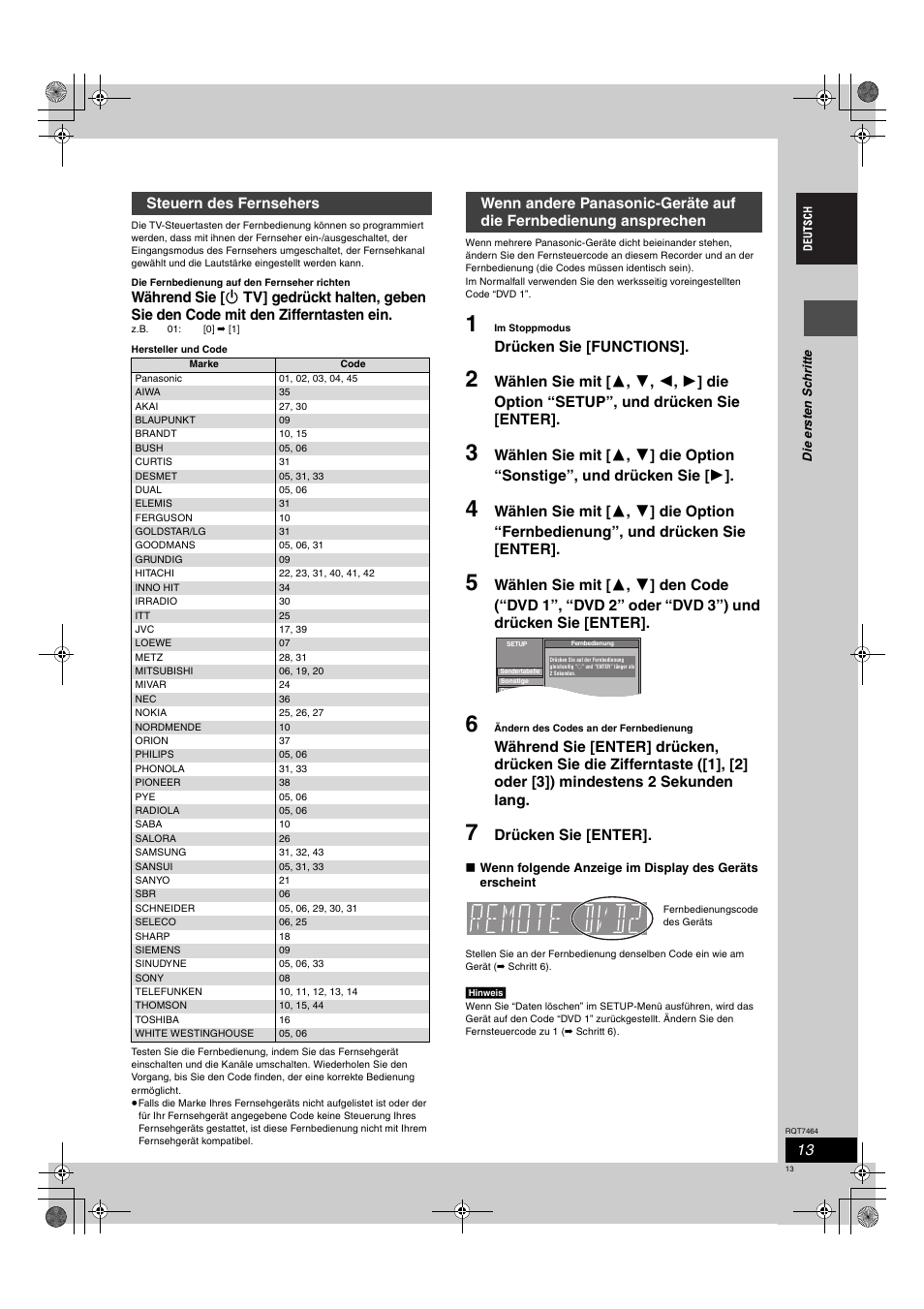 Drücken sie [functions, Drücken sie [enter, Steuern des fernsehers | Panasonic DMRE95H User Manual | Page 13 / 124