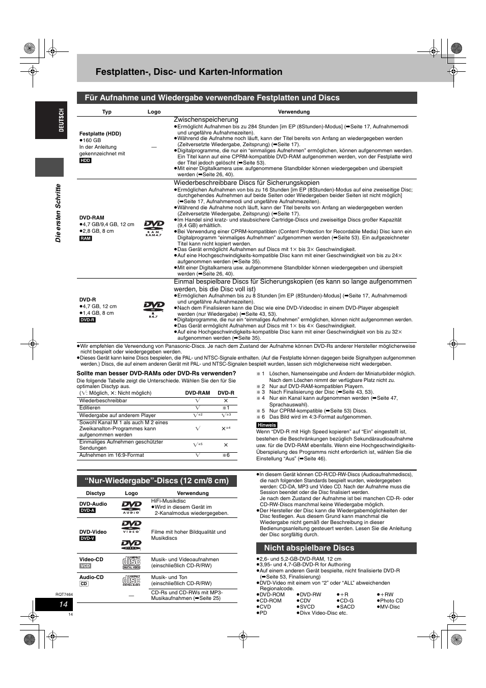 Festplatten-, disc- und karten-information, Nur-wiedergabe”-discs (12 cm/8 cm), Nicht abspielbare discs | Panasonic DMRE95H User Manual | Page 14 / 124