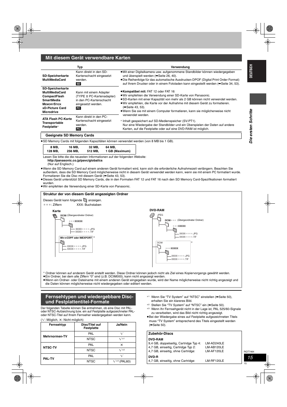 Mit diesem gerät verwendbare karten, Di e er s ten sch rit te | Panasonic DMRE95H User Manual | Page 15 / 124