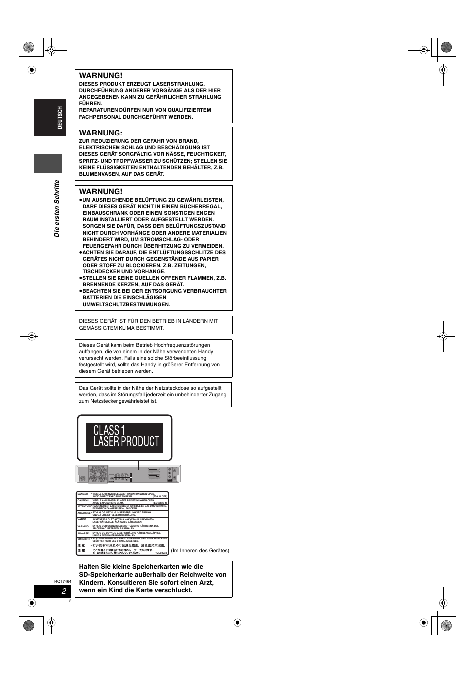 Warnung, Di e er s ten sch rit te | Panasonic DMRE95H User Manual | Page 2 / 124