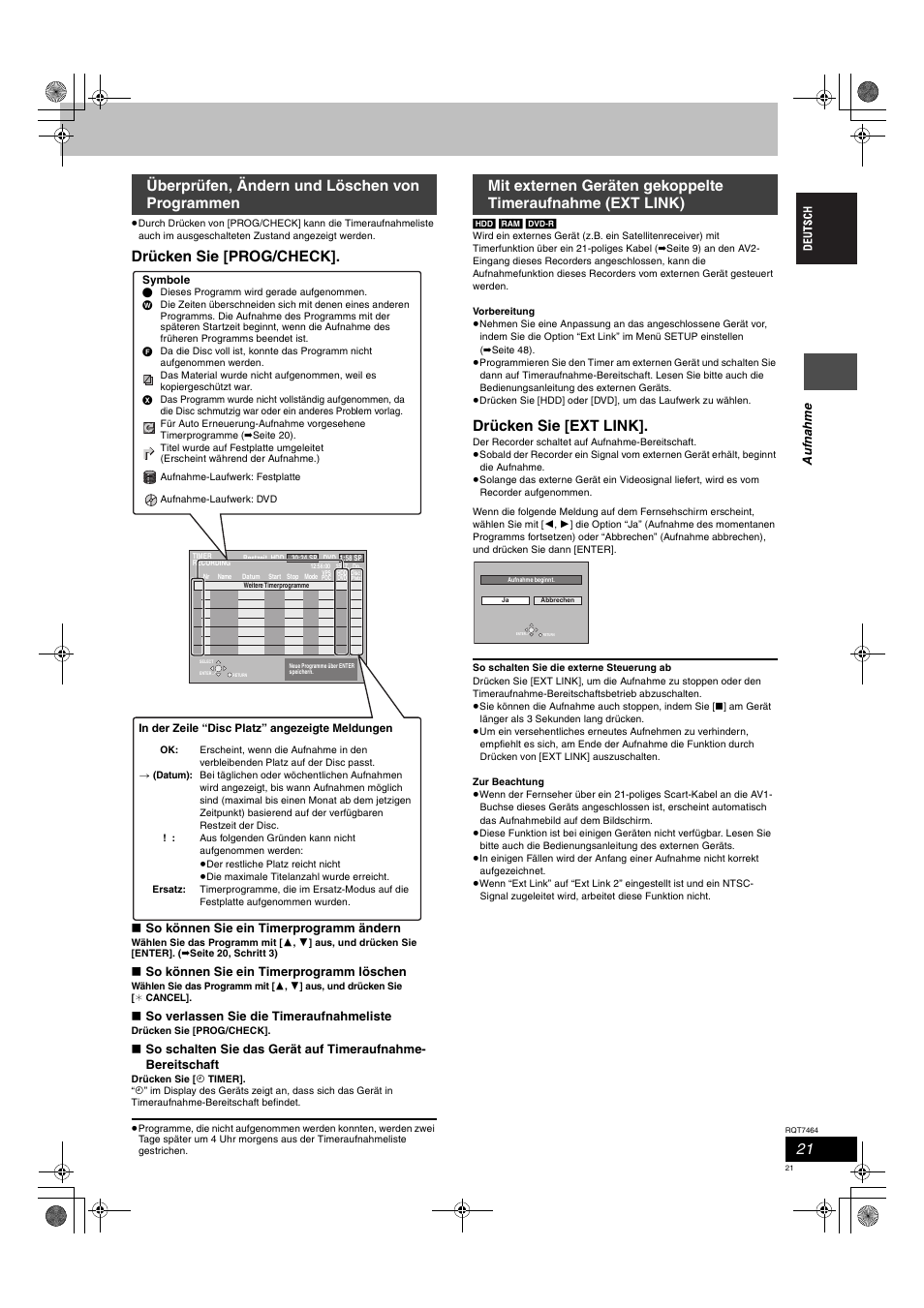 Drücken sie [prog/check, Drücken sie [ext link, Überprüfen, ändern und löschen von programmen | So können sie ein timerprogramm ändern, So können sie ein timerprogramm löschen, So verlassen sie die timeraufnahmeliste | Panasonic DMRE95H User Manual | Page 21 / 124