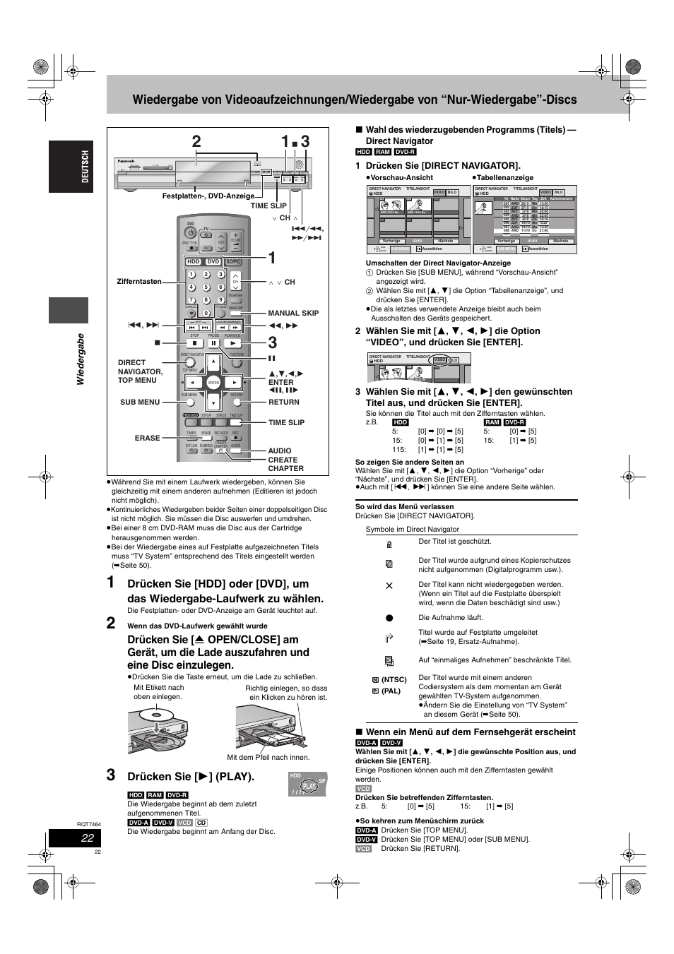 Drücken sie [ 1 ] (play), Open/close, Wie d e rga be | 1 drücken sie [direct navigator, Wenn ein menü auf dem fernsehgerät erscheint | Panasonic DMRE95H User Manual | Page 22 / 124